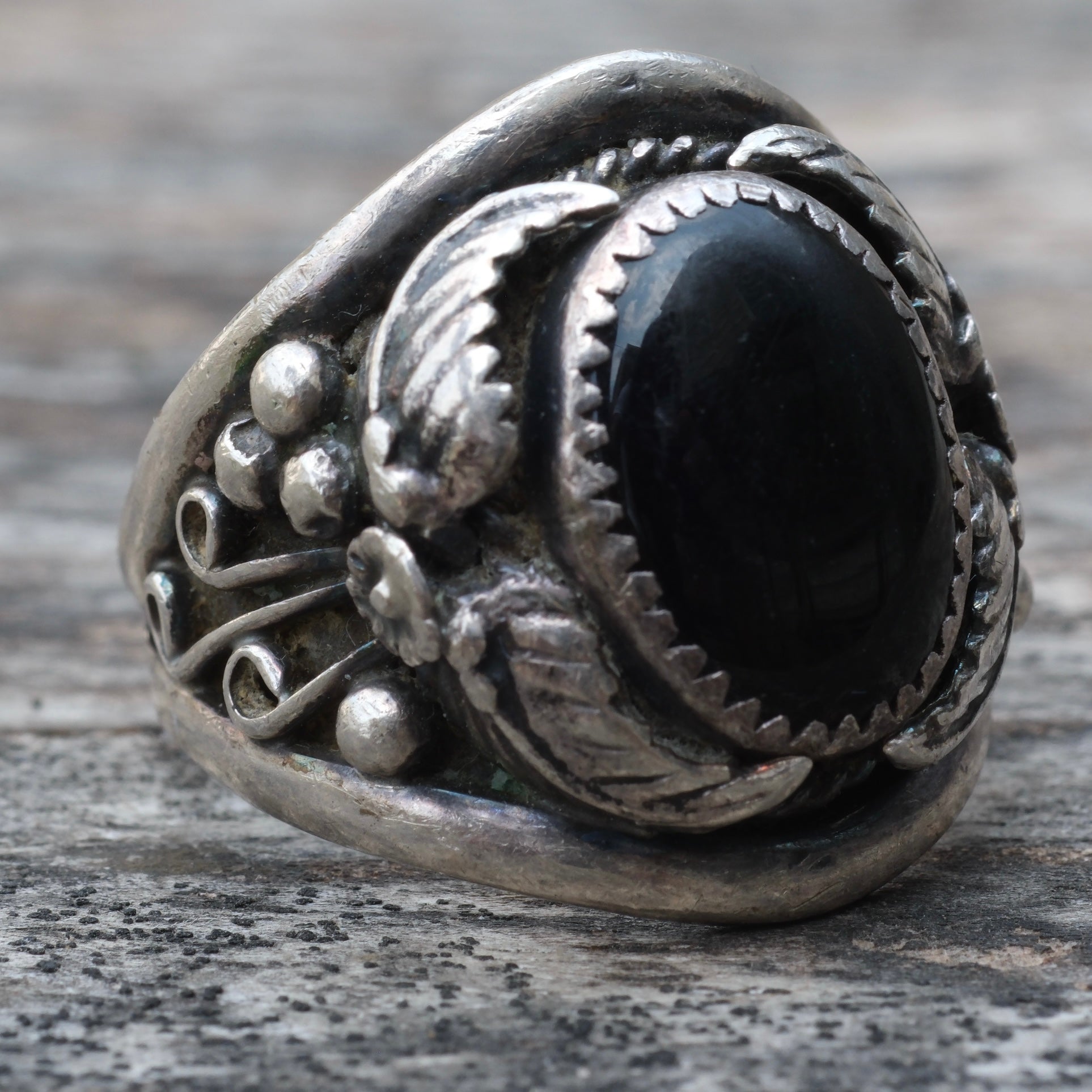 Vintage Sterling Onyx Feather Ring 11