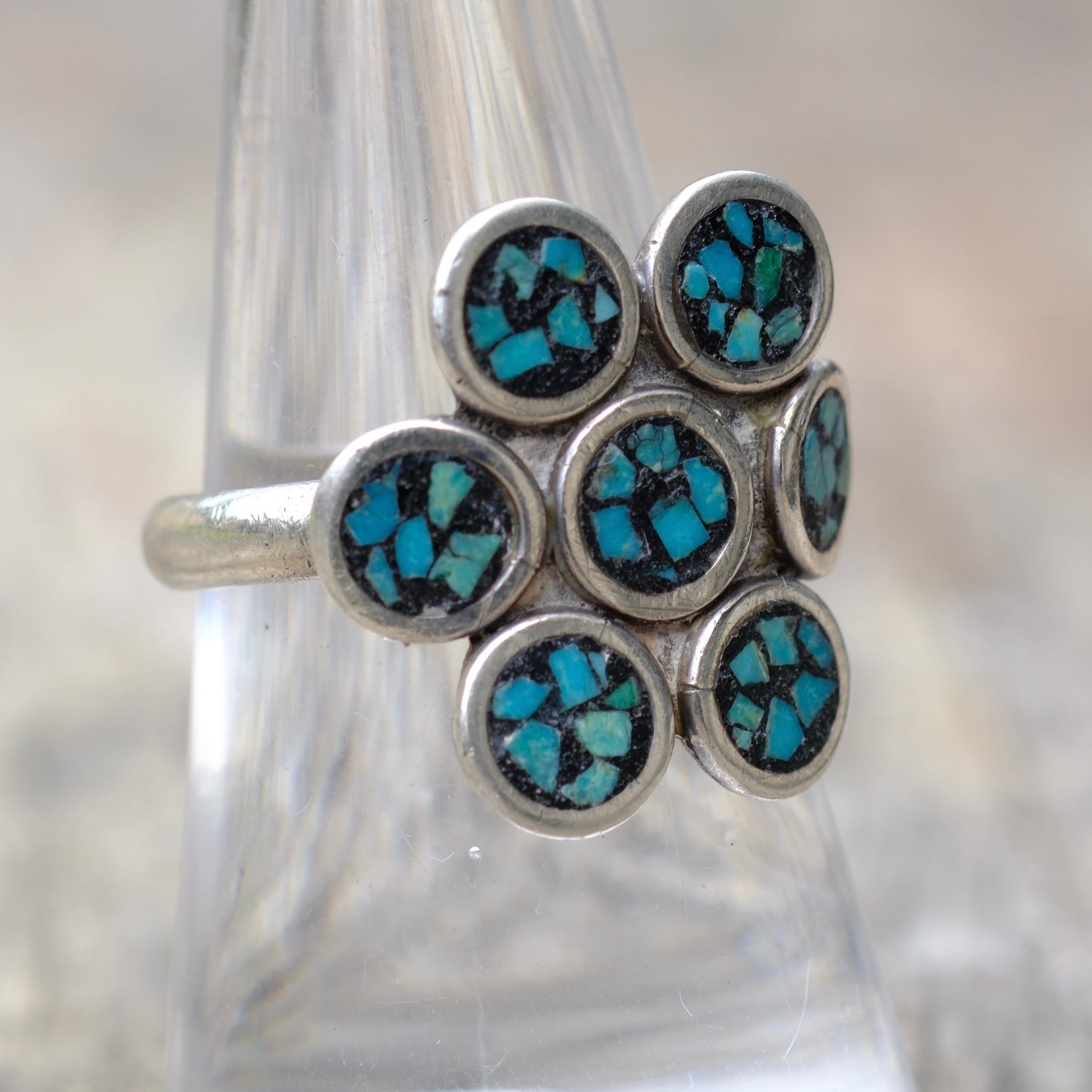 Vintage Sterling Turquoise Chip Inlay Cluster Ring 7.5