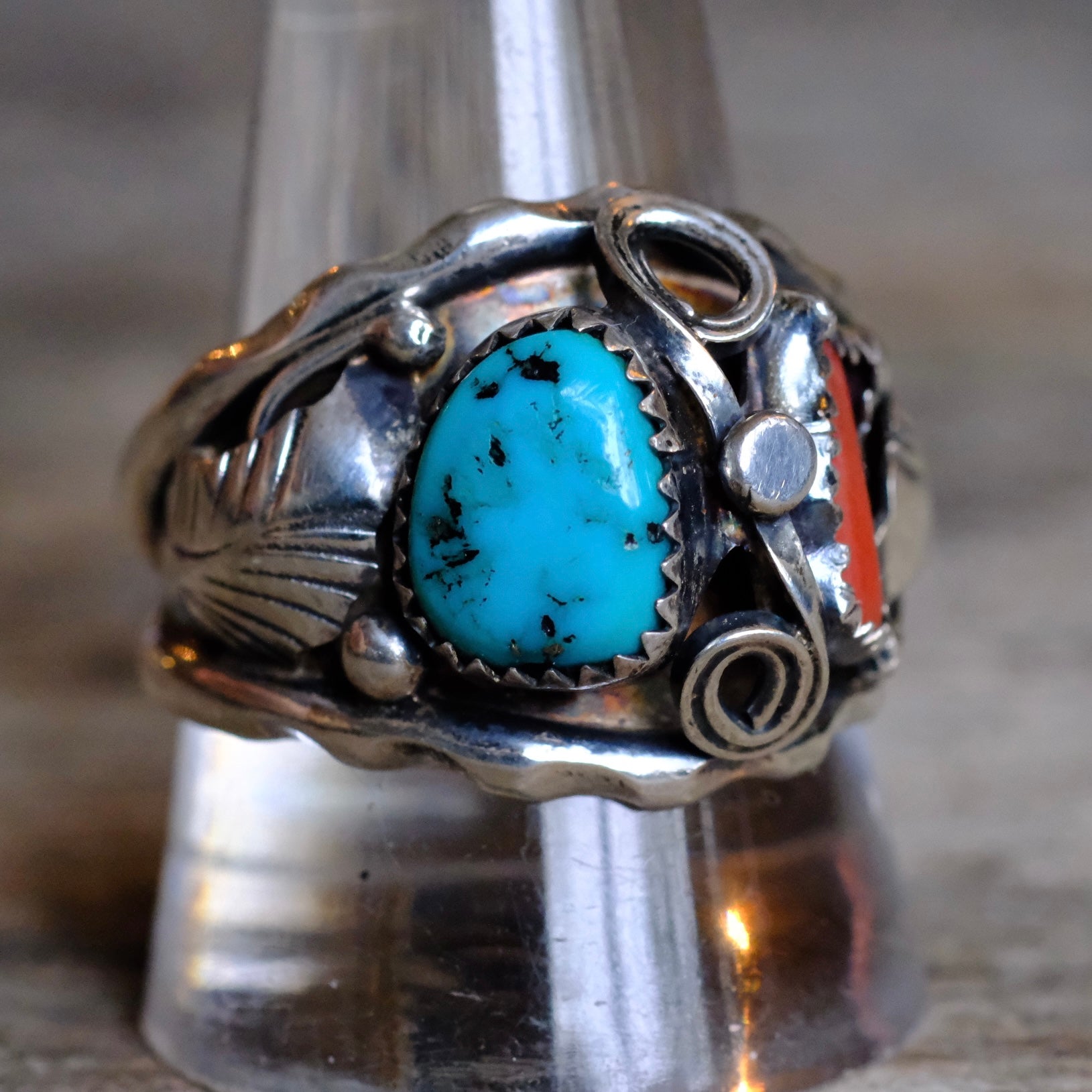 Vintage Sterling Turquoise and Coral Feather Ring 12