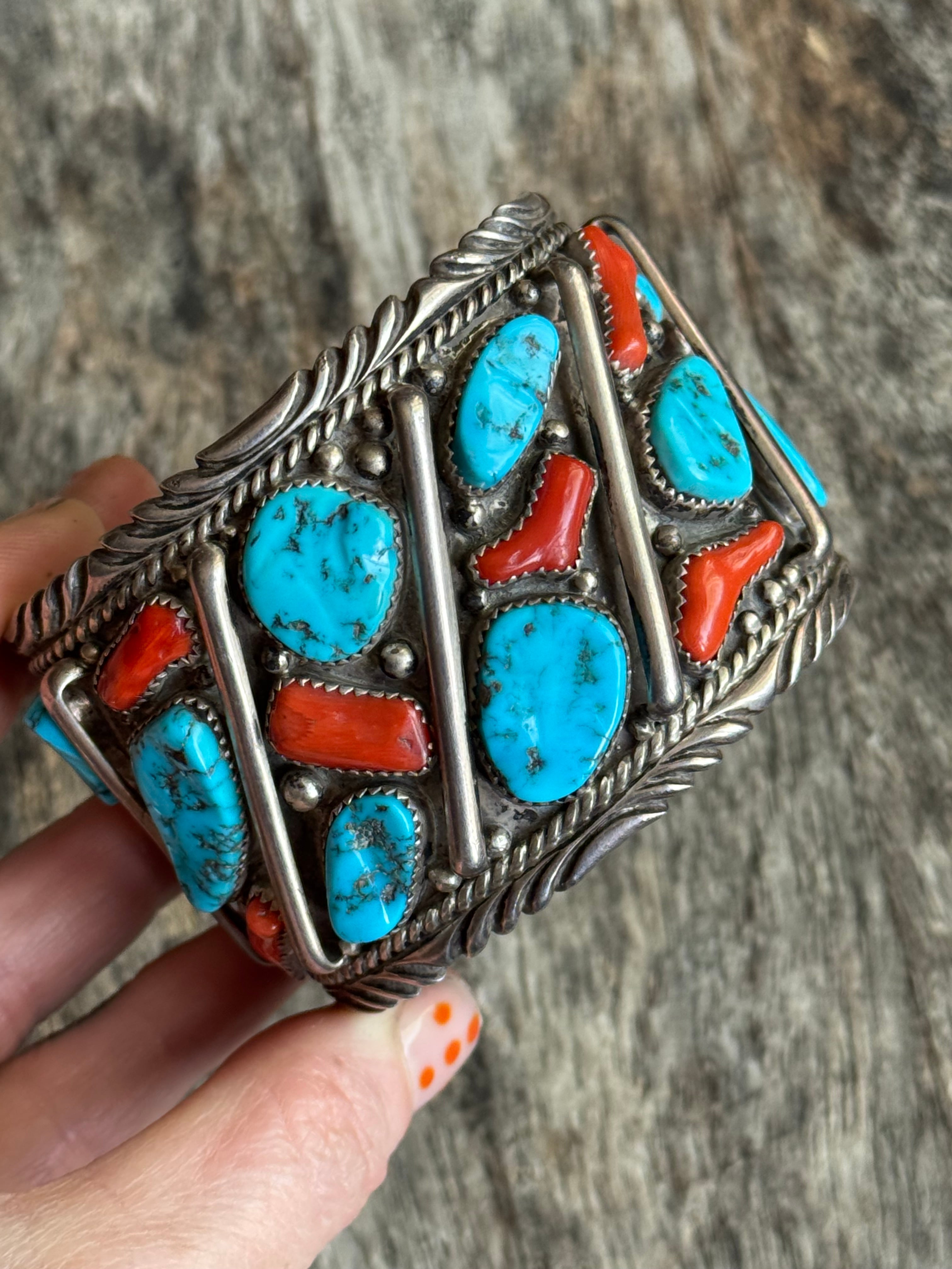 Vintage Sterling Silver Heavy Turquoise & Coral Roped Bar Cuff