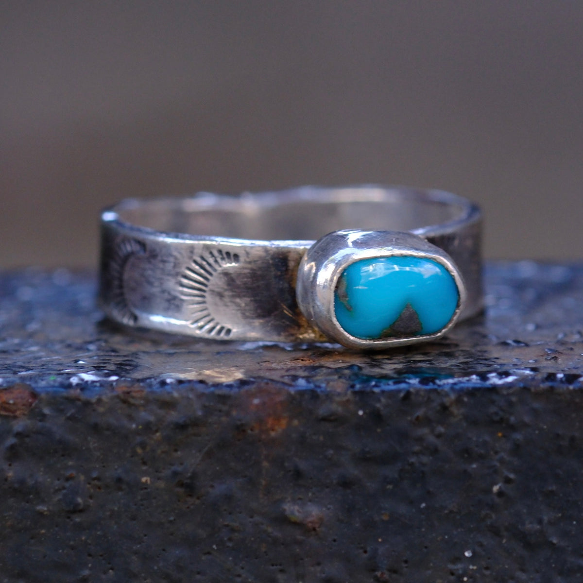 Sterling Silver Lone Mountain Turquoise Stamped Band Ring 10.25