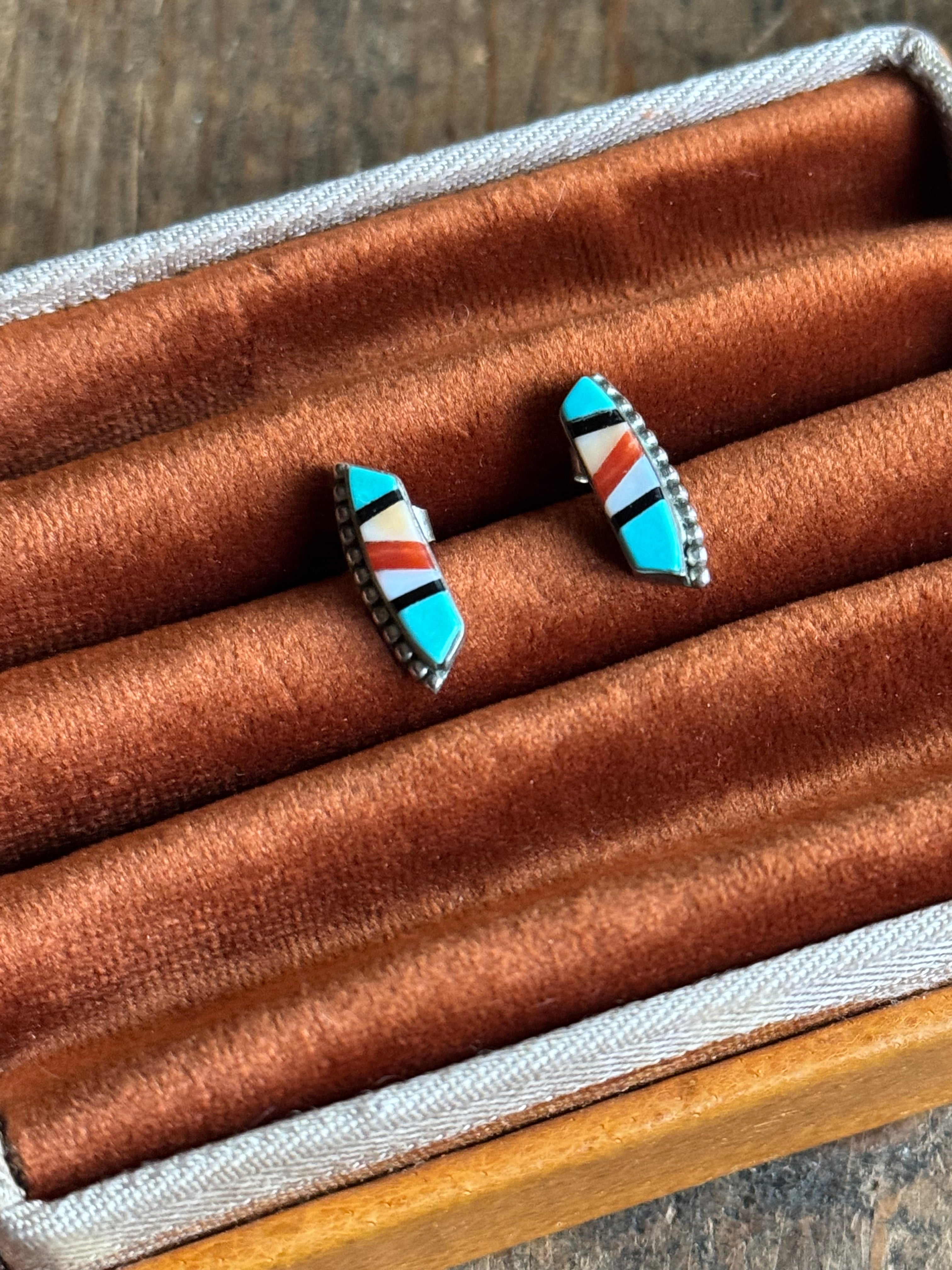 Vintage Sterling Silver Multistone Inlay Arch Earrings