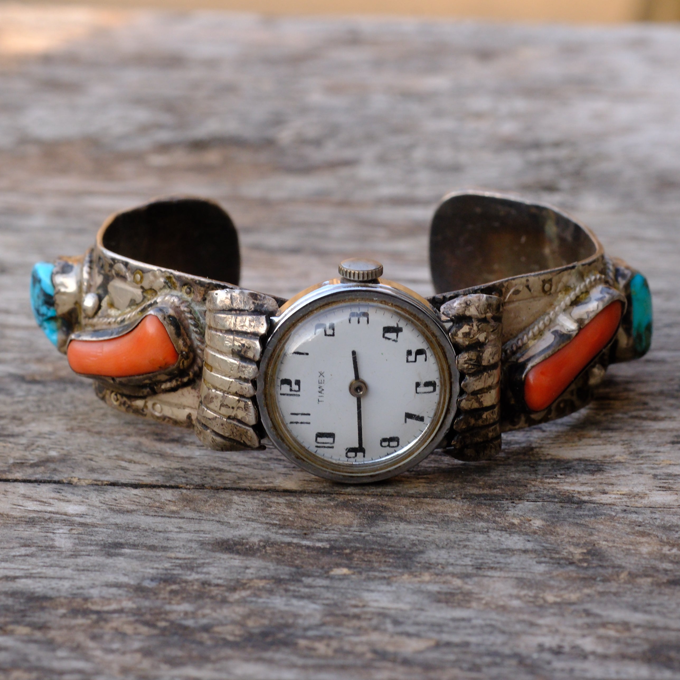 Vintage Sterling Turquoise and Coral Cuff Watch Cuff Bracelet