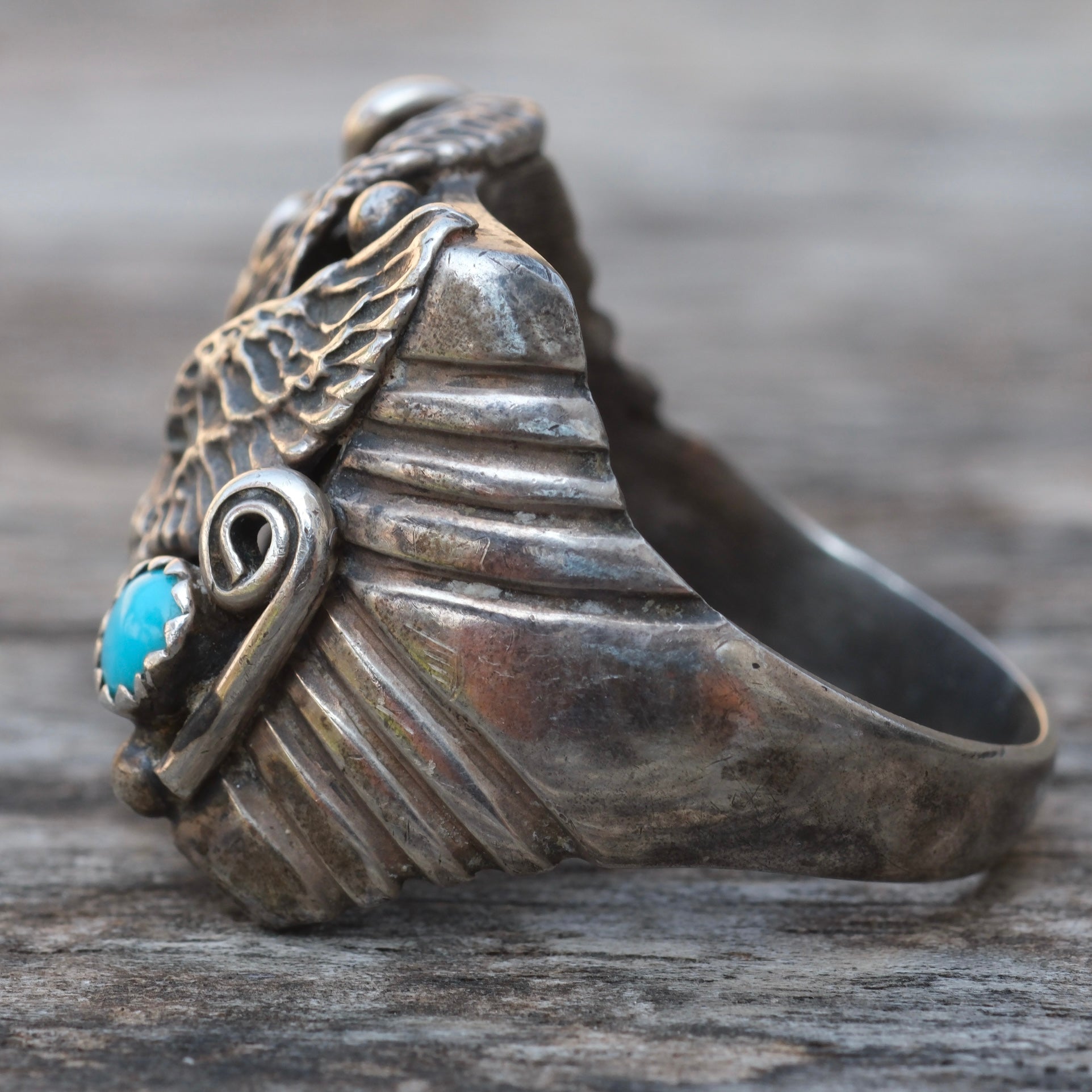 Vintage Sterling Turquoise and Coral Eagle Ring 12