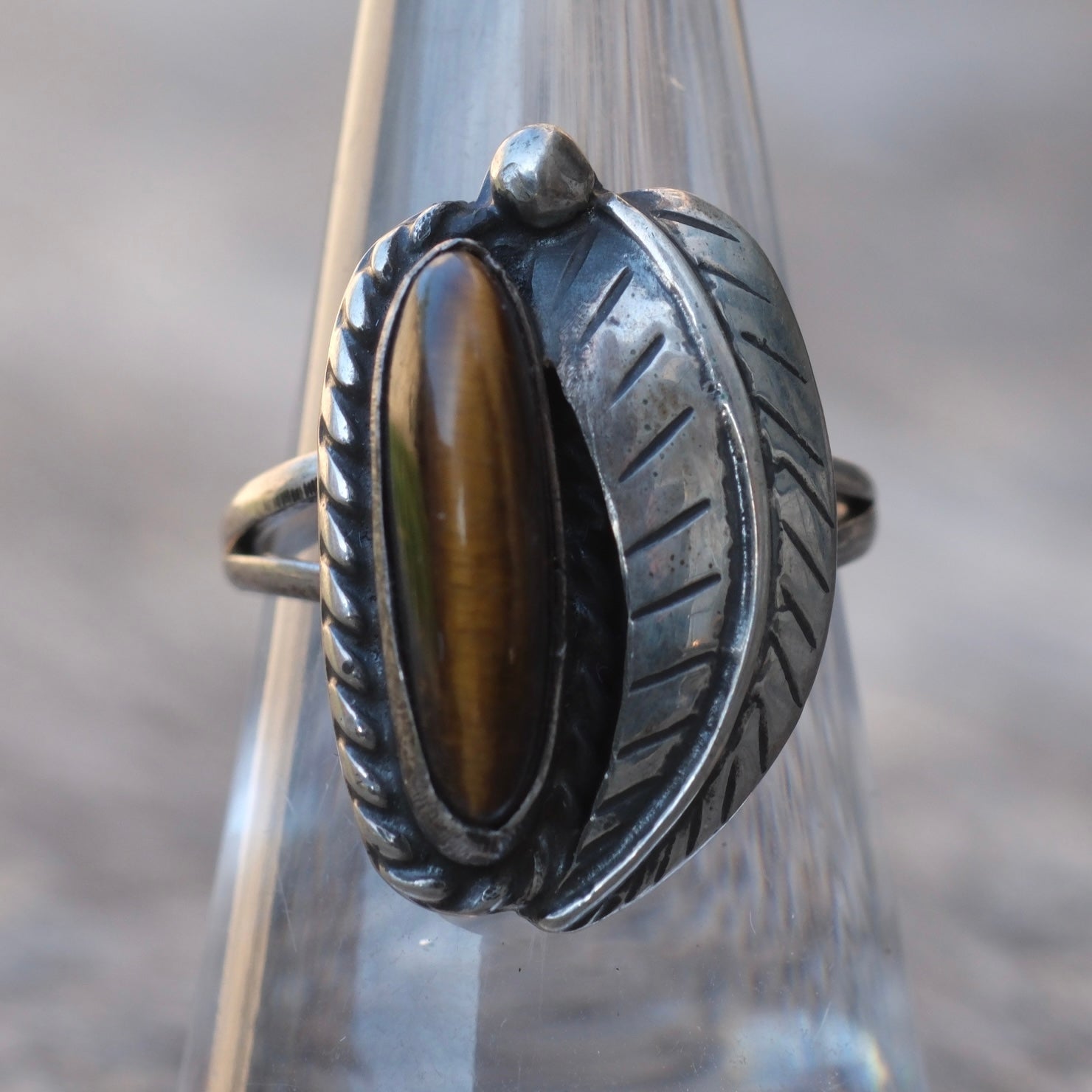 Vintage Sterling Tigers Eye Feather Ring 6.5