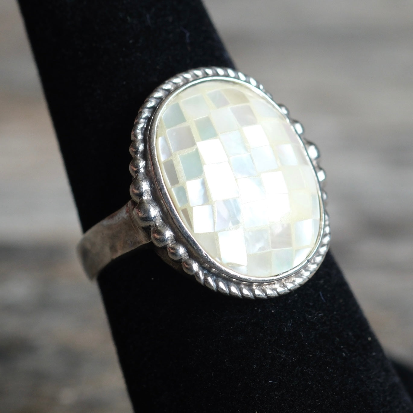 Vintage Sterling Mother Of Pearl Inlay Ring 6.25