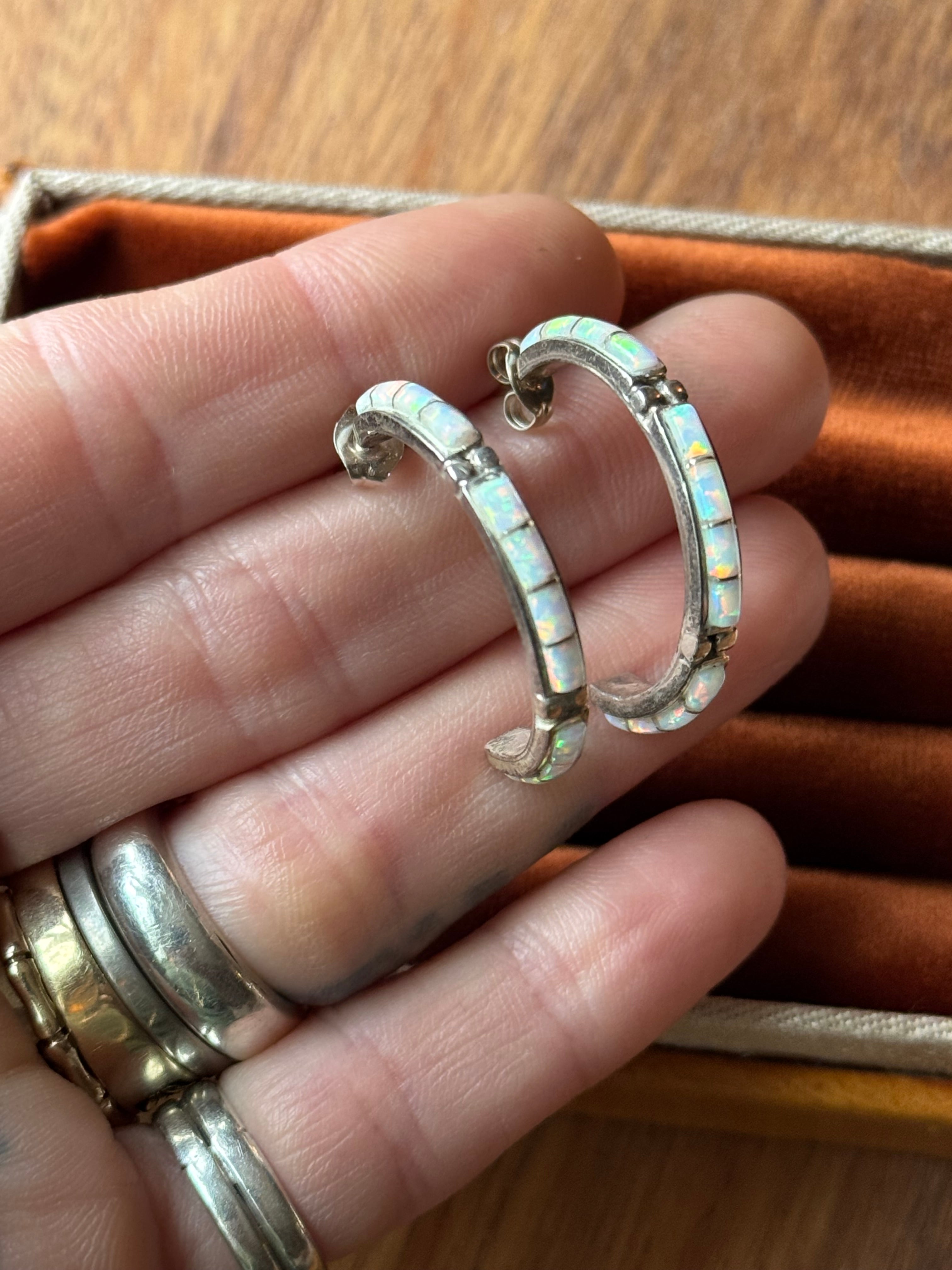 Vintage Sterling Silver Opal Inlay Half Hoops