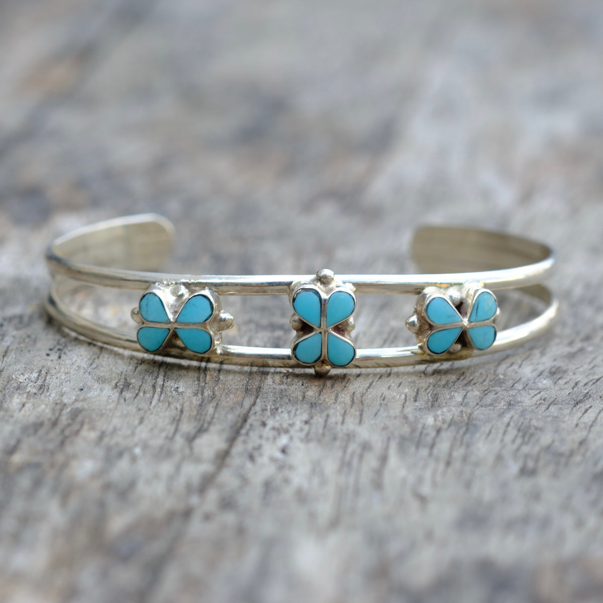 Vintage Sterling Turquoise Inlay Flower Cuff Bracelet