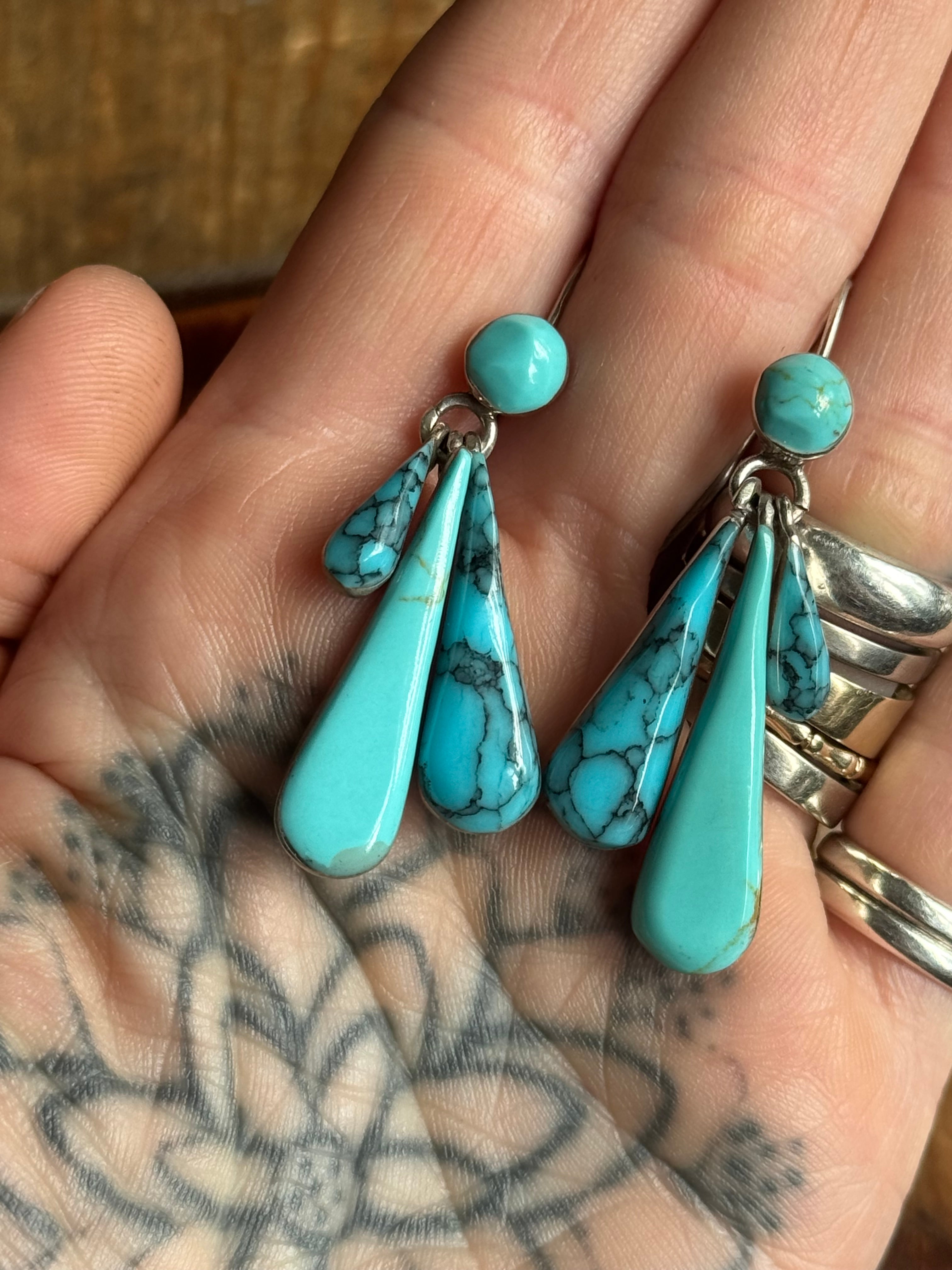 Vintage Sterling Silver Turquoise Teardrop Chandelier Earrings