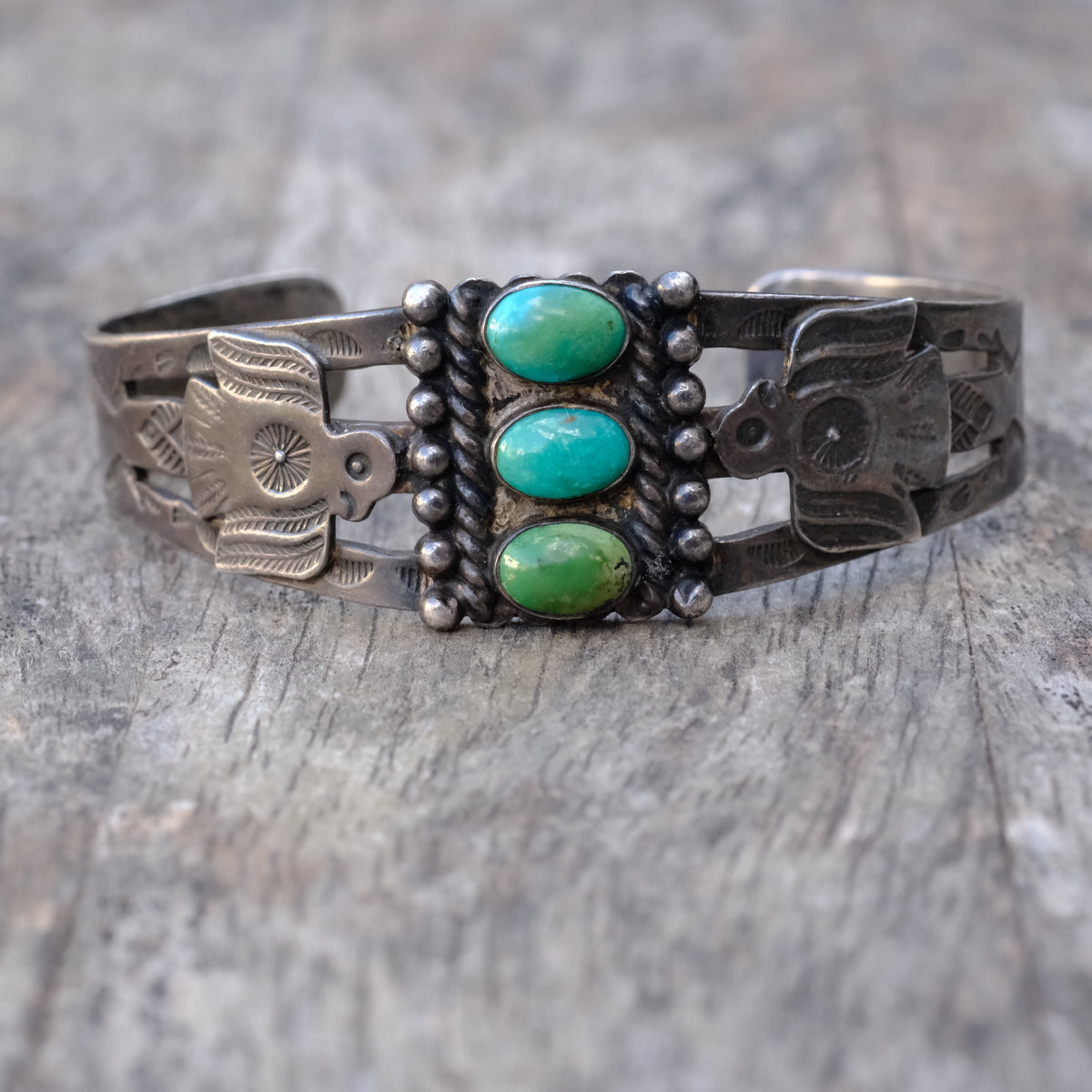 Vintage Sterling 3-Stone Turquoise Thunderbird Cuff Bracelet
