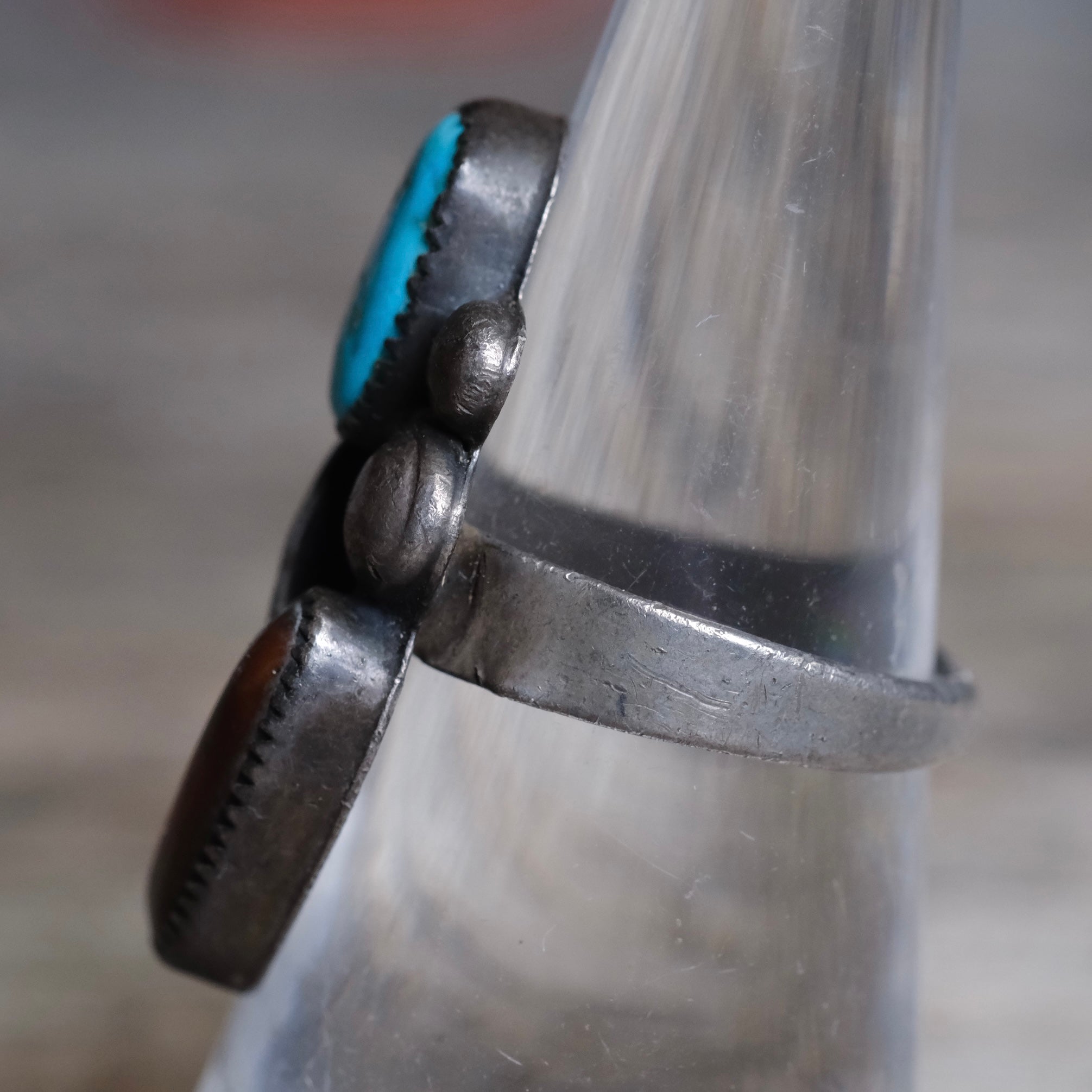 Vintage Sterling Turquoise and Coral Feather Ring 7.5