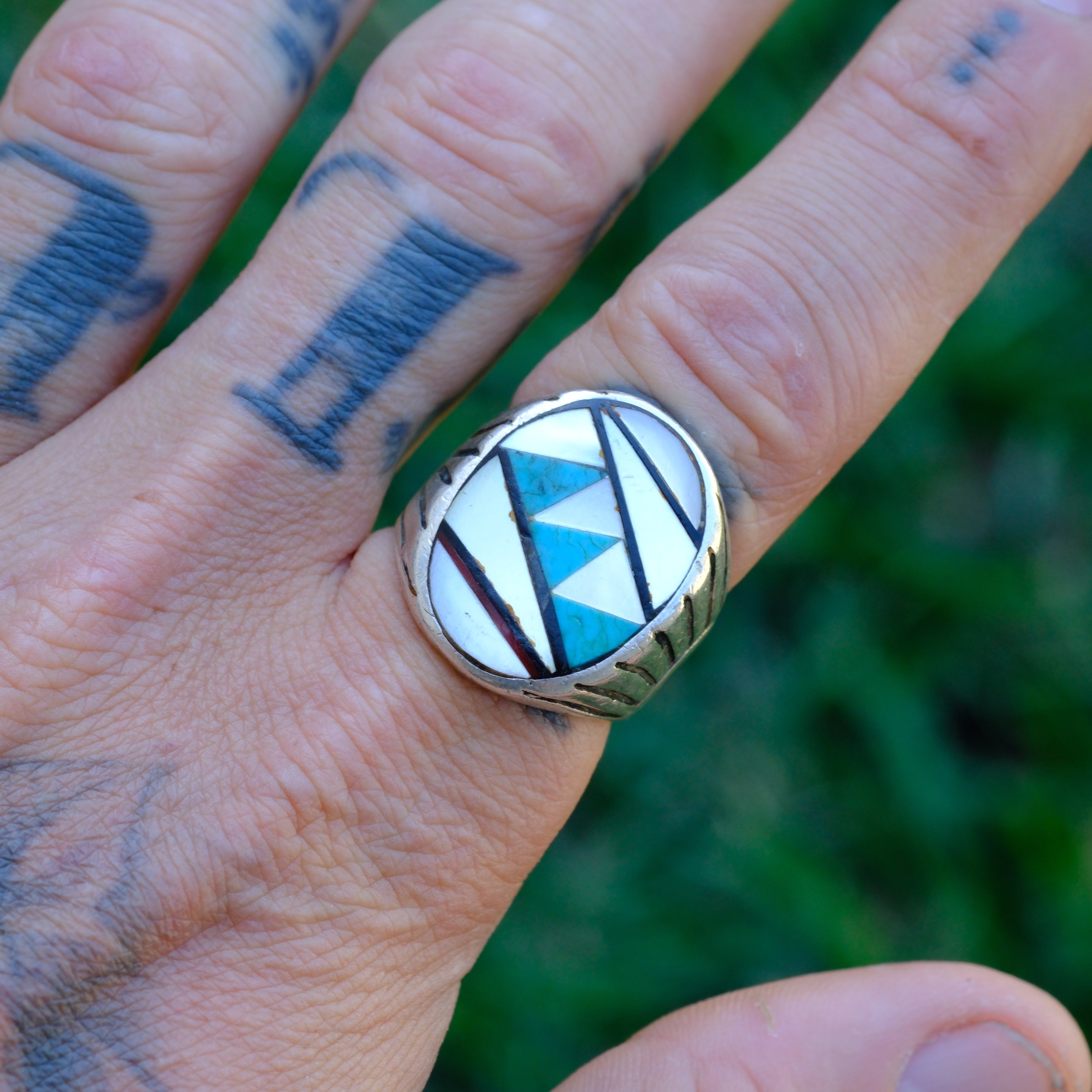Vintage Sterling Multistone Inlay Ring 9.75