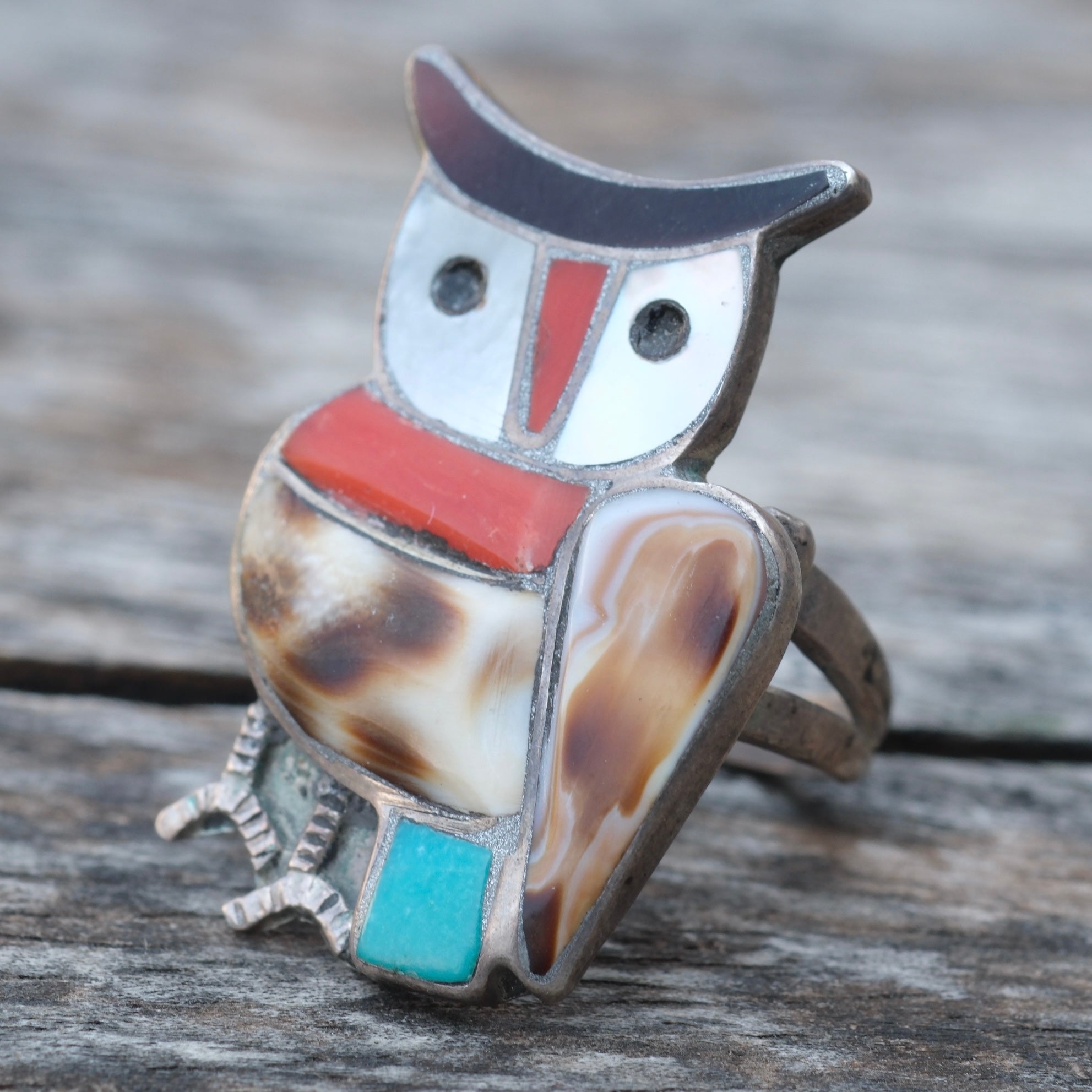 Vintage Sterling Multistone Inlay Owl Ring 7.75
