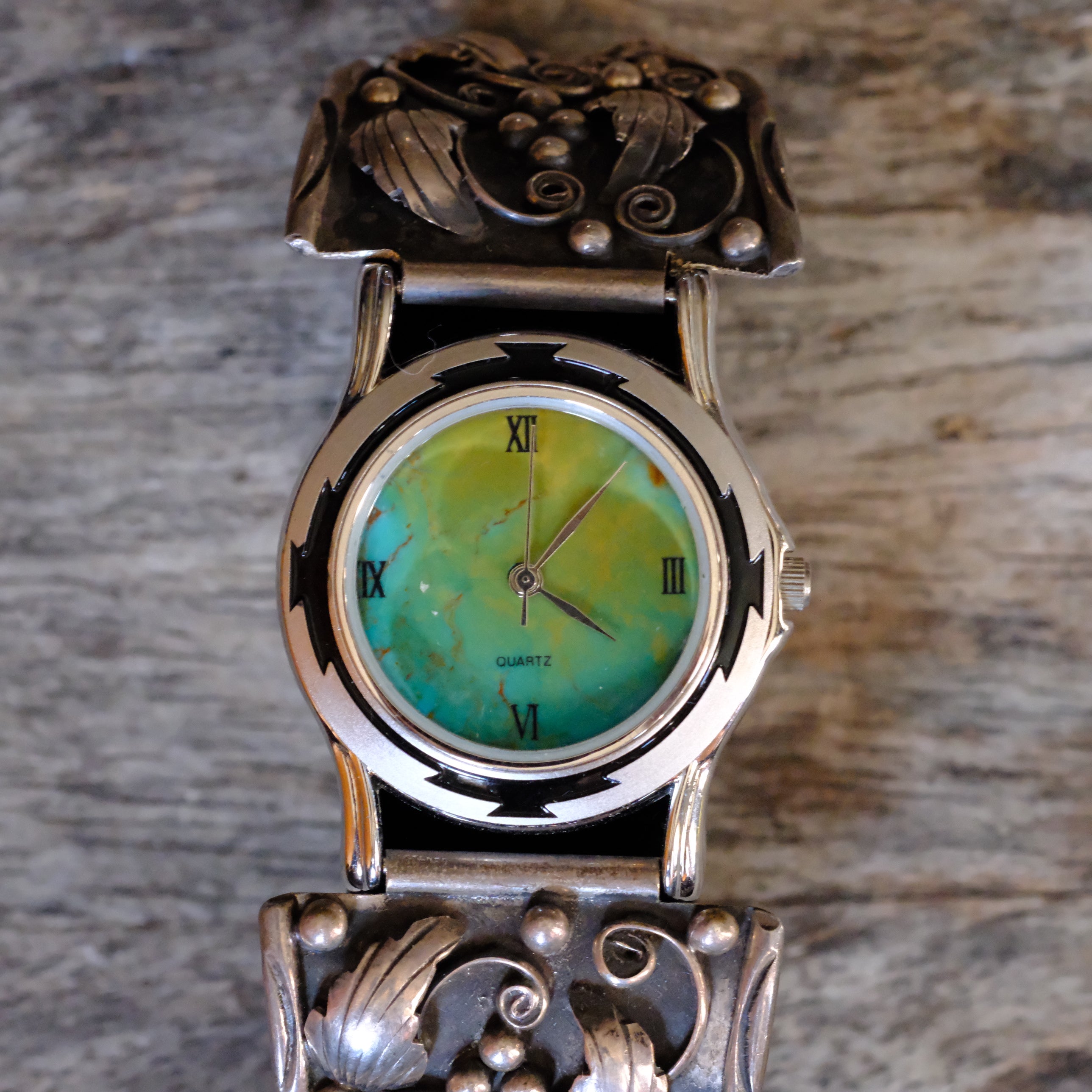 Vintage Sterling Feather Watch With Turquoise Dial