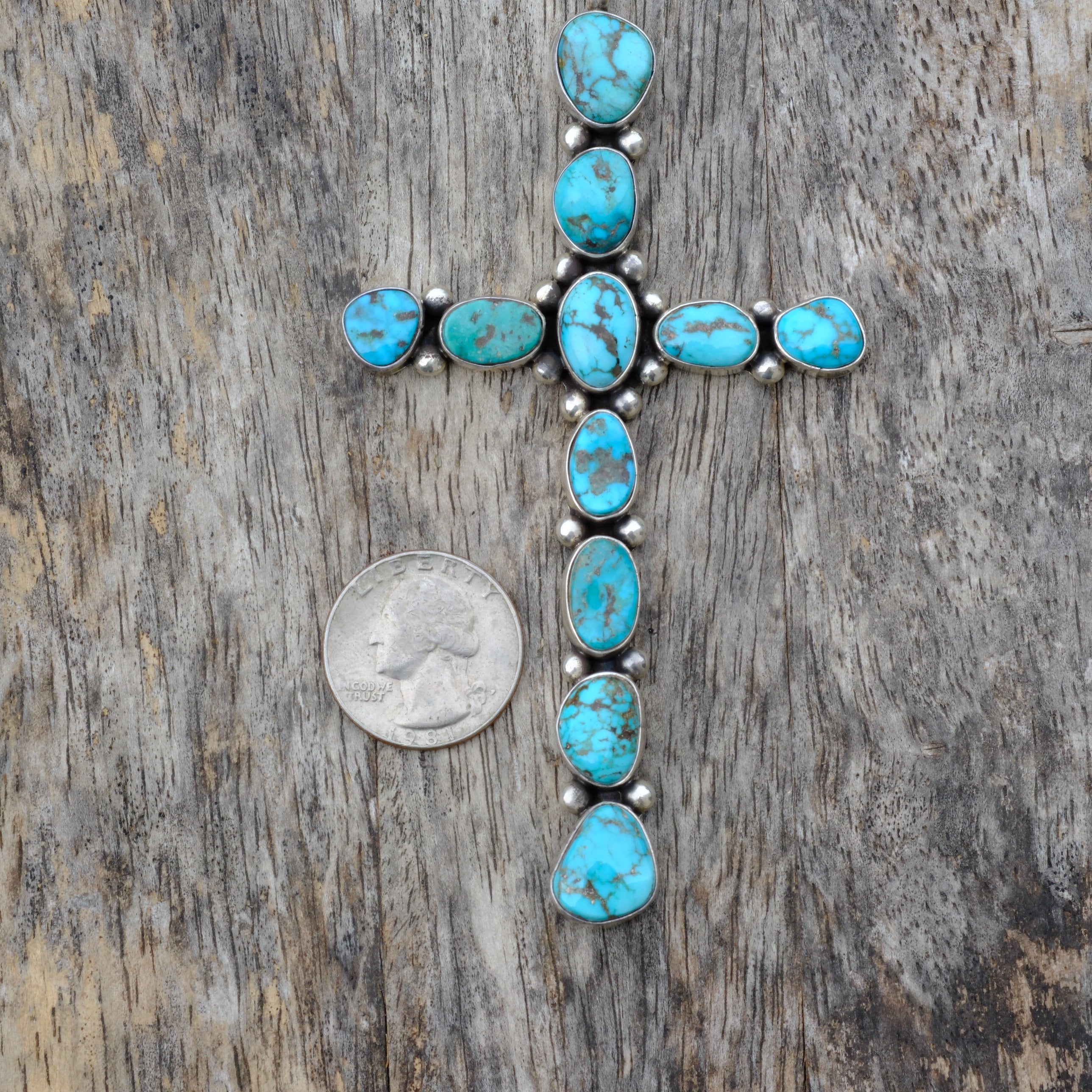 HUGE Vintage Sterling Turquoise Cluster Cross Pendant