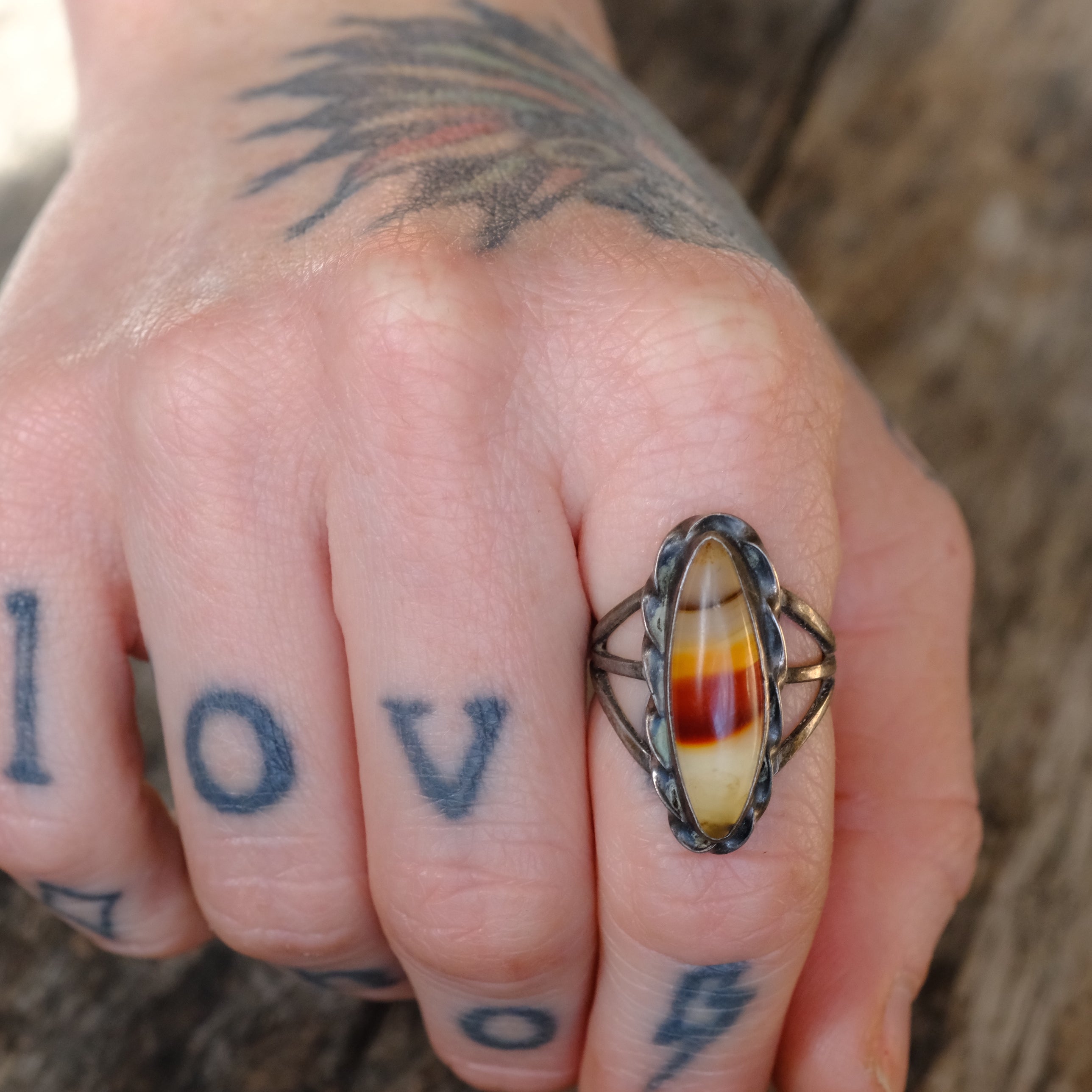 Vintage Sterling Agate Roper Ring 6.5