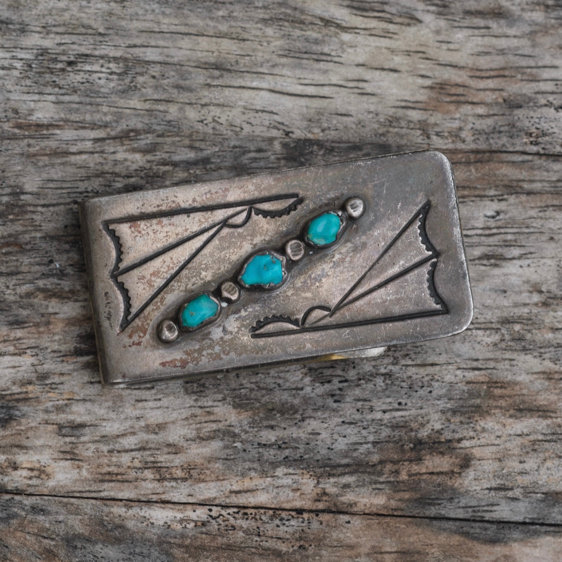 Vintage Sterling Silver Overlay Turquoise Stamped Money Clip