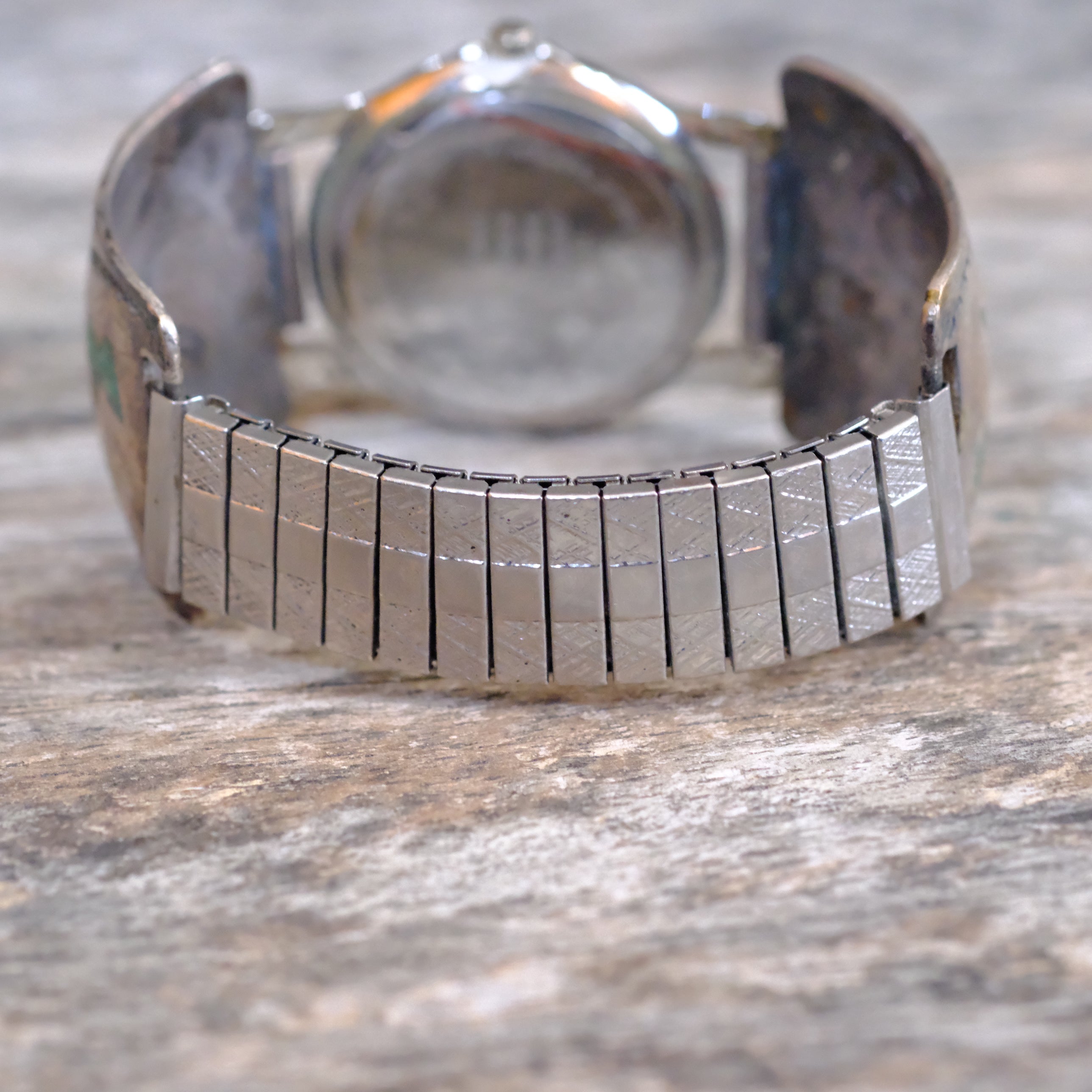 Vintage Sterling Crushed Turquoise Inlay Watch With Turquoise Dial