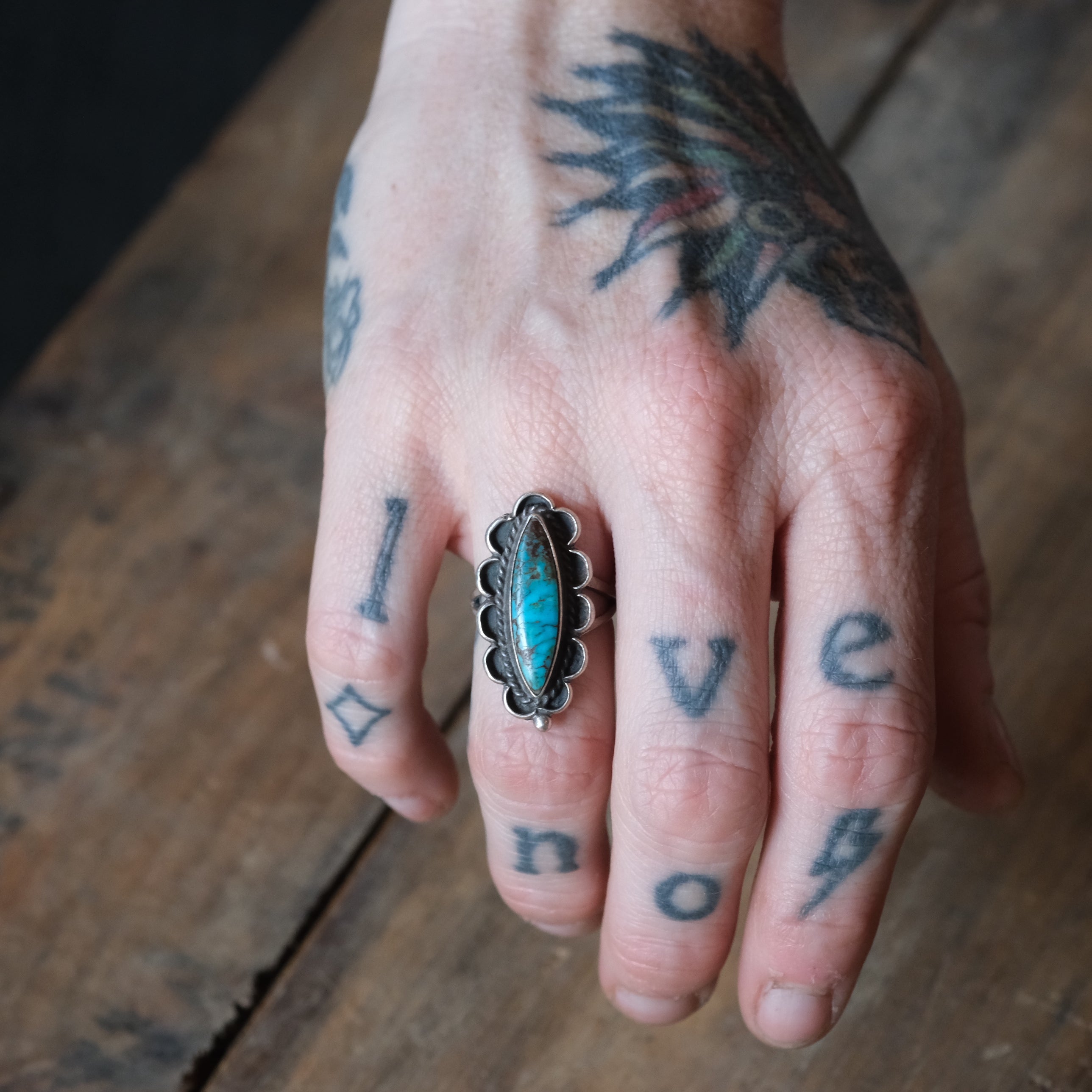 Vintage Sterling Turquoise Florette Ring 5.25