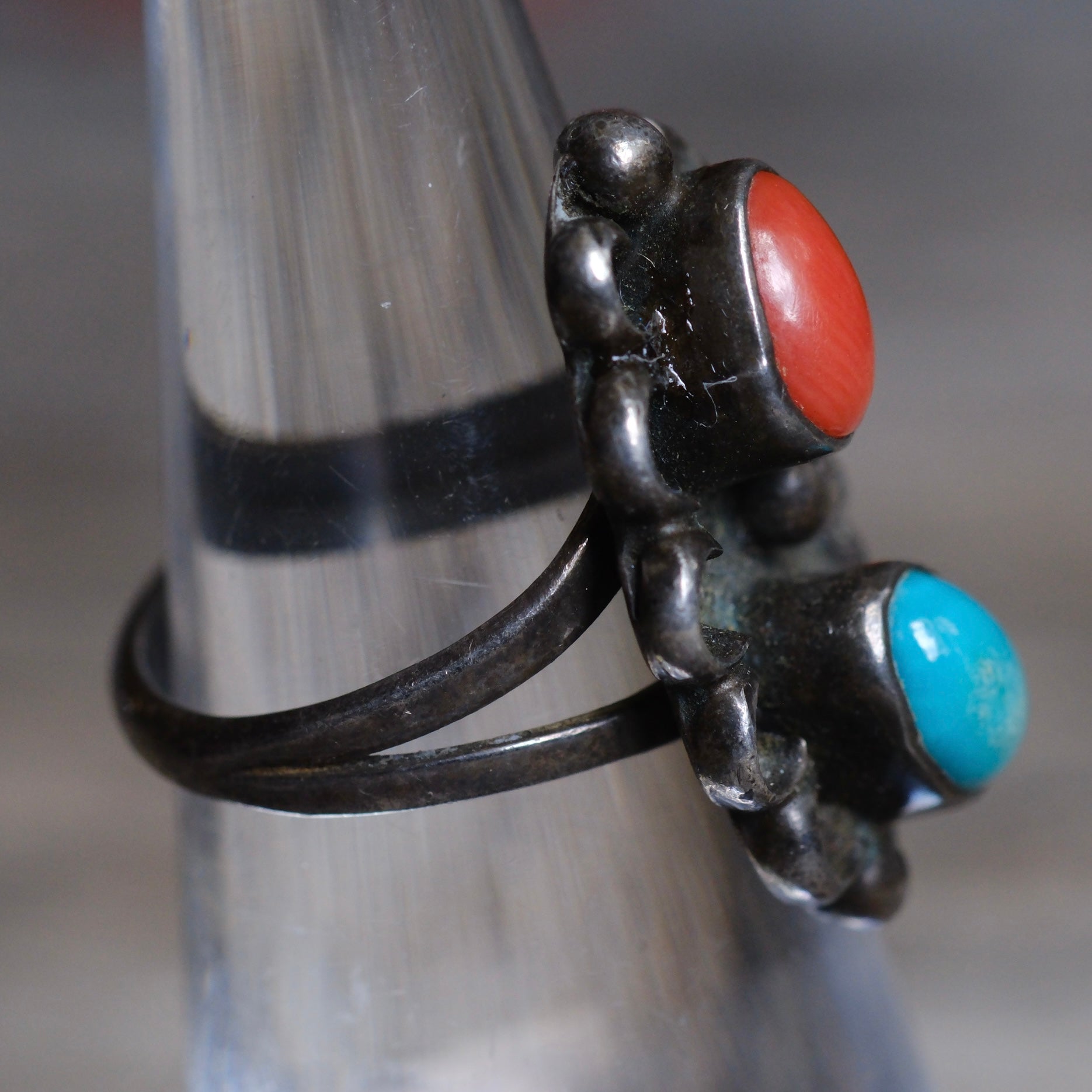 Vintage Sterling Turquoise and Coral Feather Ring 4.75