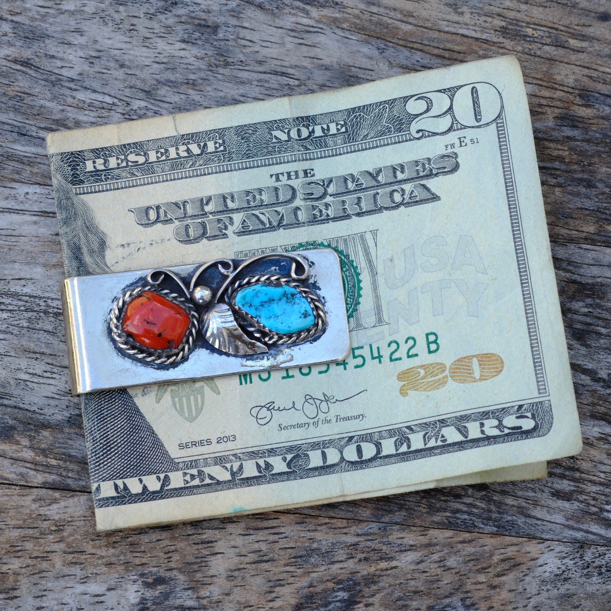 Vintage Turquoise and Coral Feather Money Clip