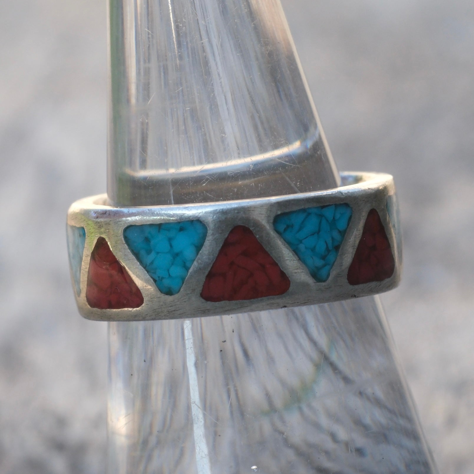 Vintage Sterling Turquoise and Coral Inlay Band 6.75