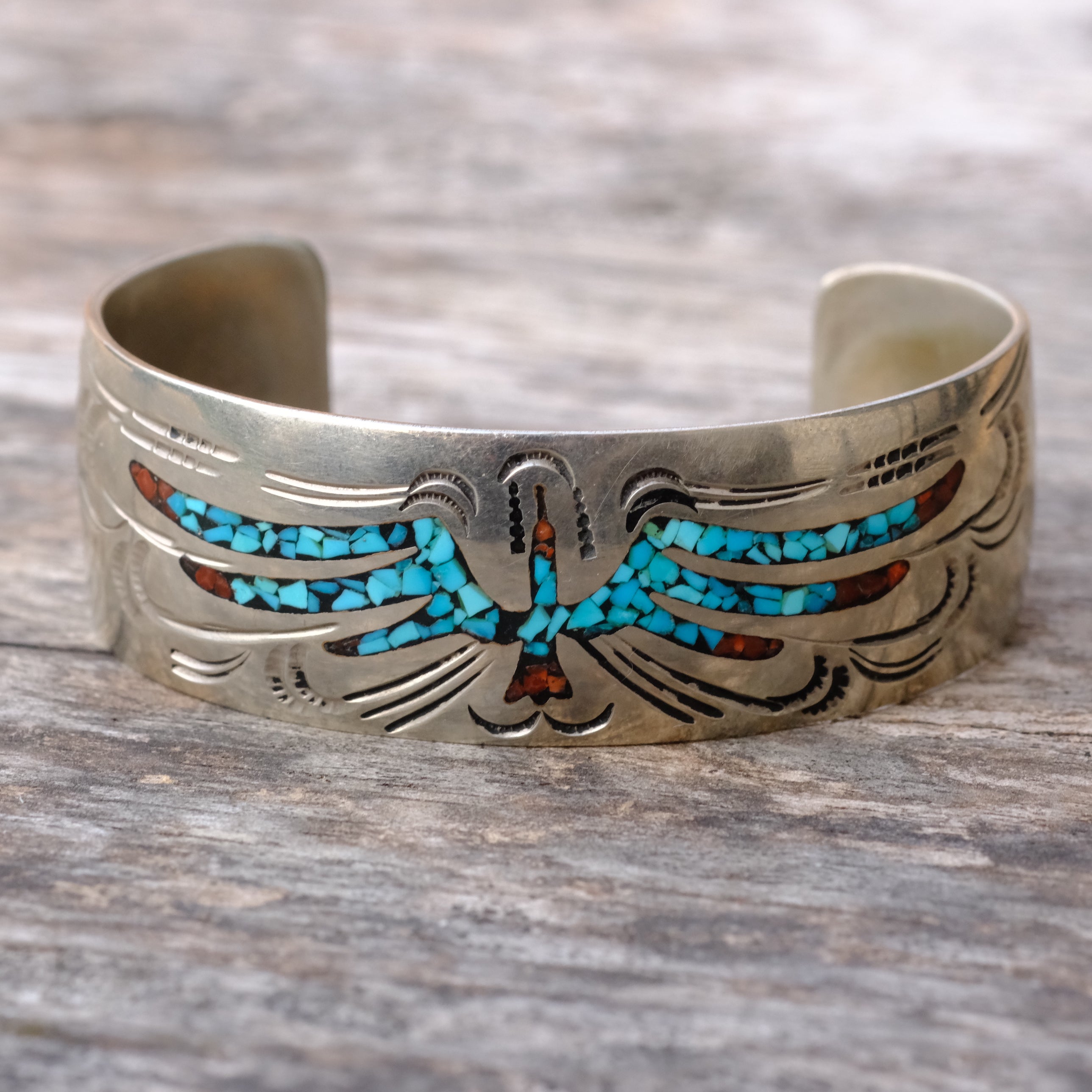 Vintage Sterling Turquoise and Coral Inlay Wide Cuff Bracelet