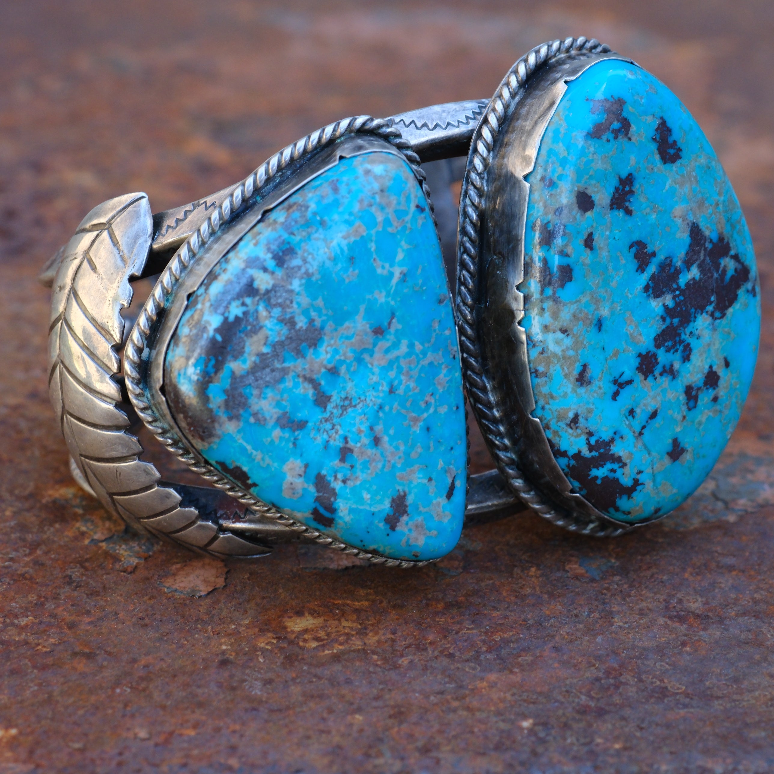 Massive Vintage Sterling 2-Stone Turquoise Stamped Feather Cuff Bracelet