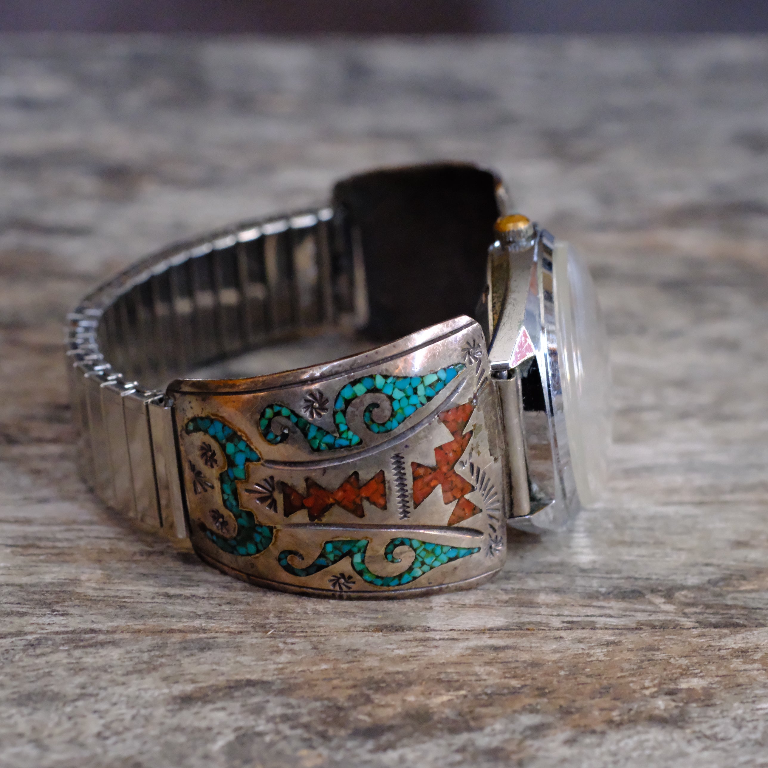 Vintage Sterling Crushed Turquoise and Coral Inlay Ring