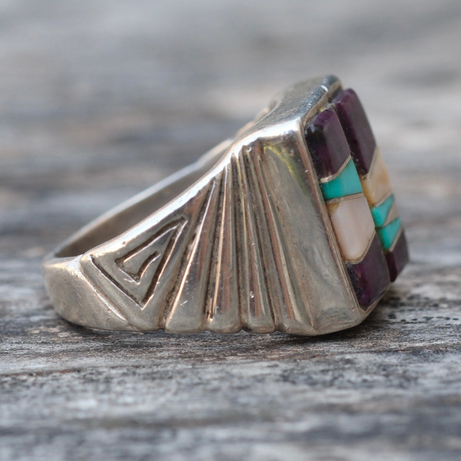 Vintage Sterling Multistone Inlay Ring 9