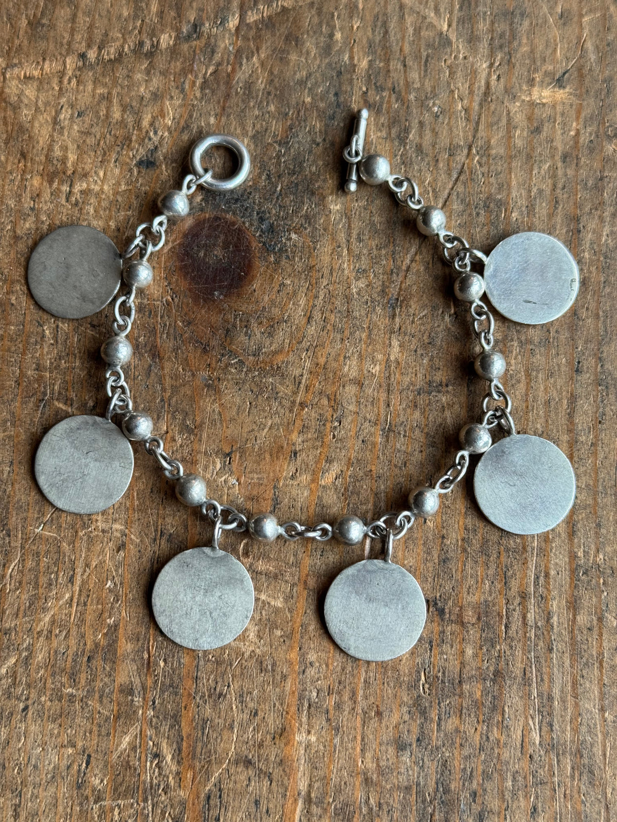 Vintage Sterling Silver Disc Charm Chain Bracelet