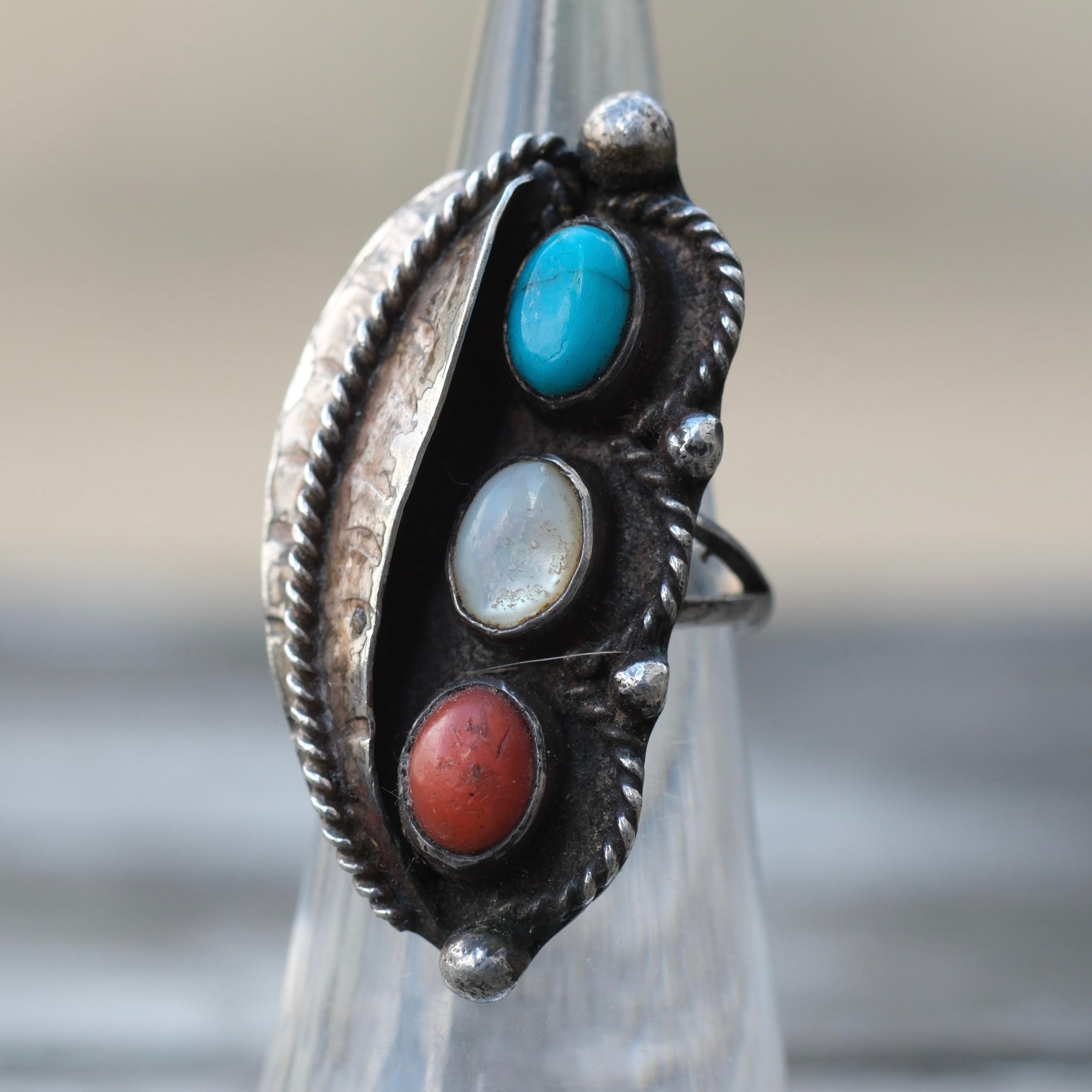 Vintage Sterling Multistone Feather Ring 4.25