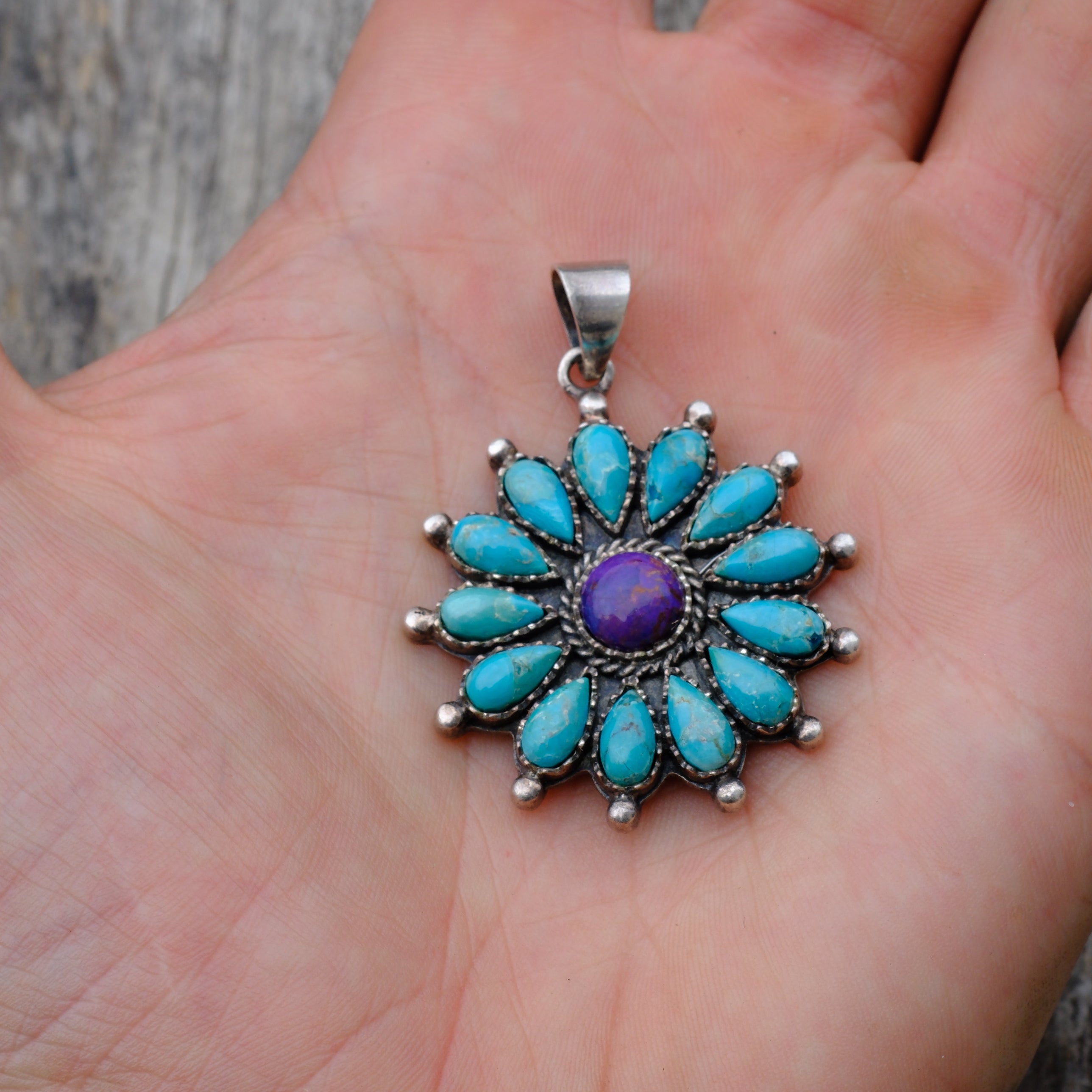 Vintage Sterling Sugilite and Turquoise Cluster Pendant