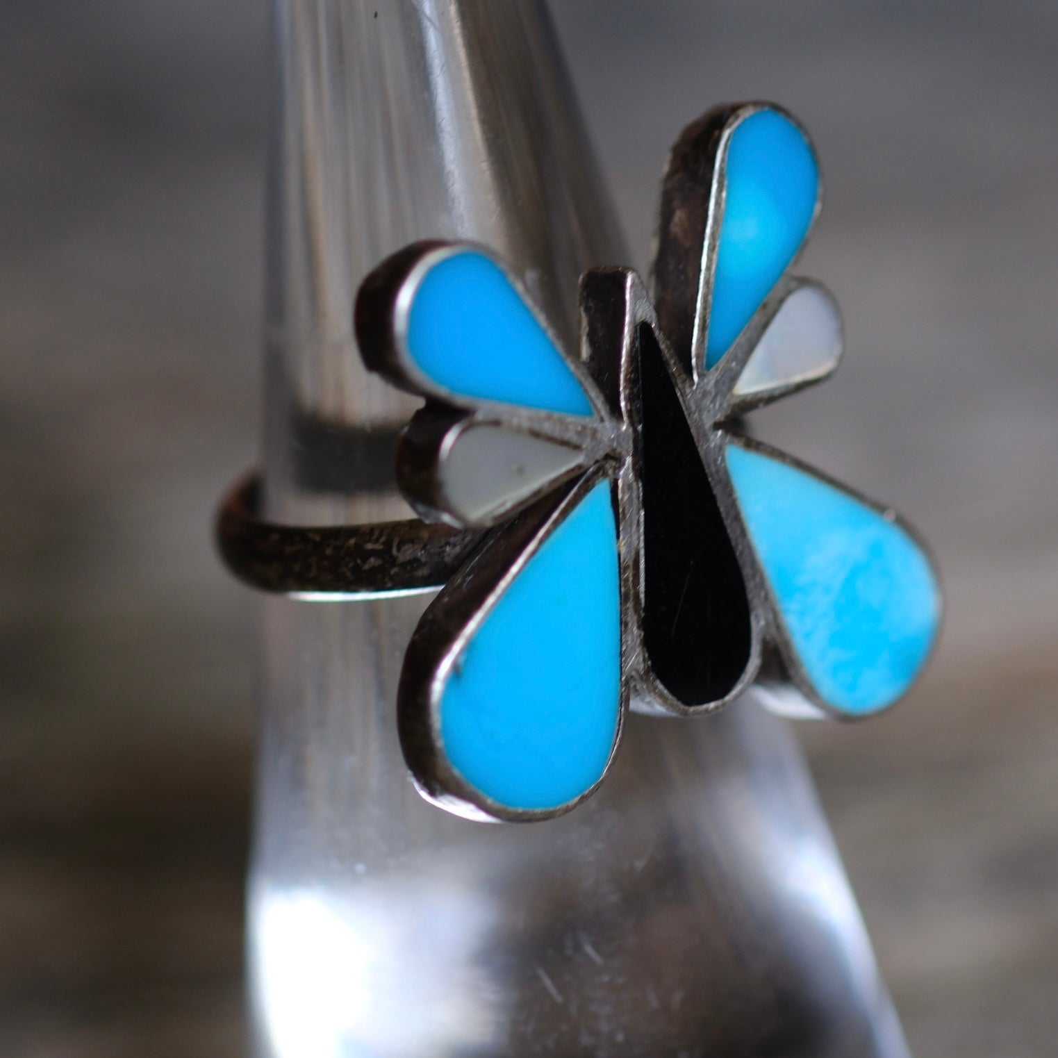Vintage Sterling Turquoise MOP and Onyx Inlay Butterfly Ring 5