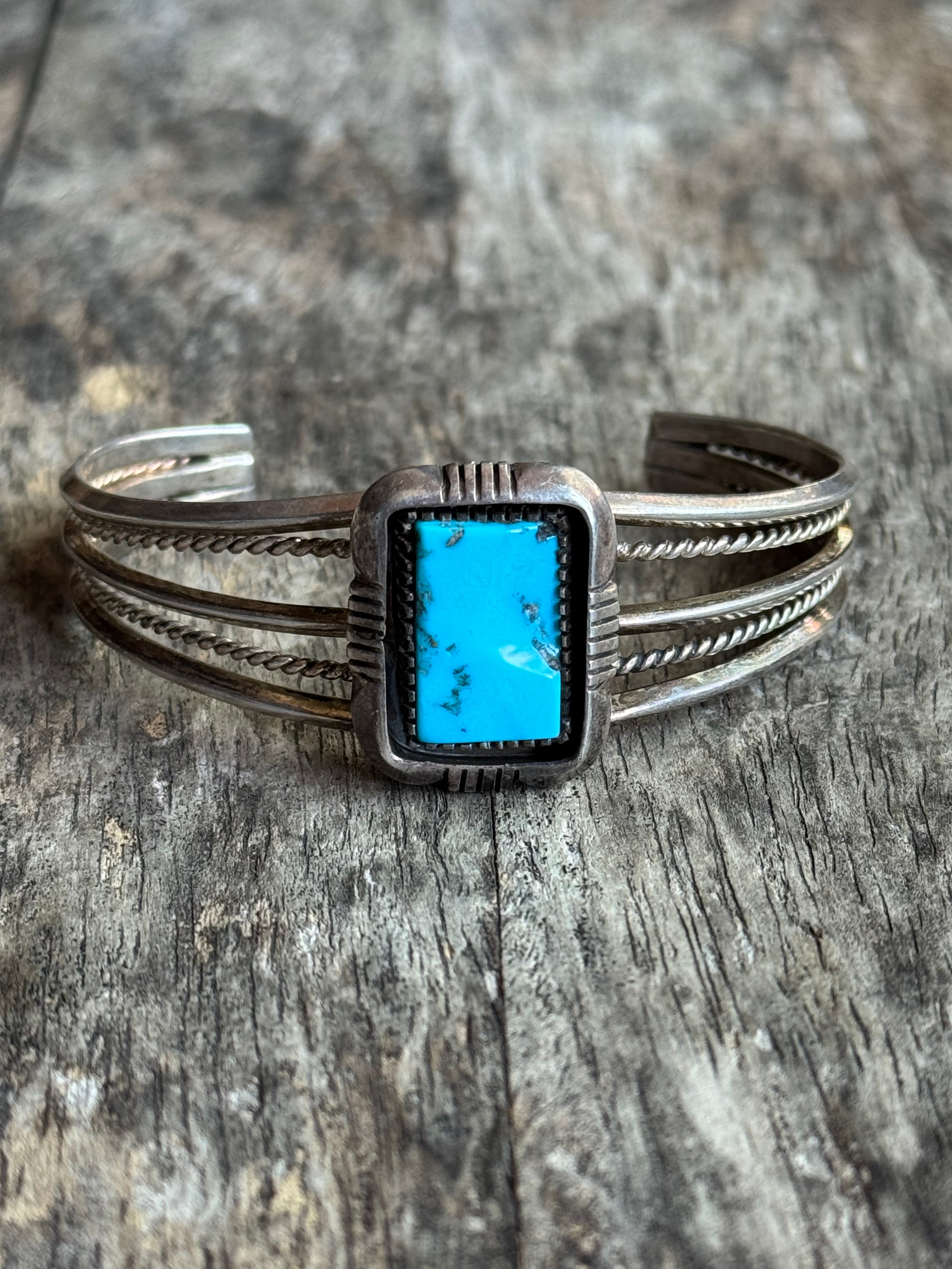 Vintage Sterling Silver Square Turquoise Sawcut Cuff