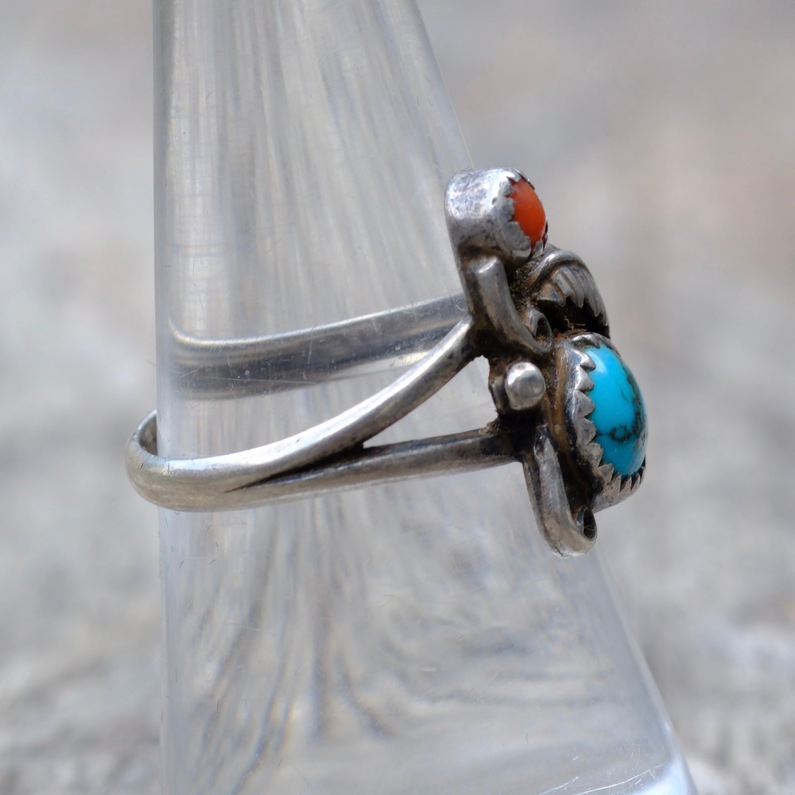 Vintage Sterling Silver Turquoise & Coral Feather Ring 7.5