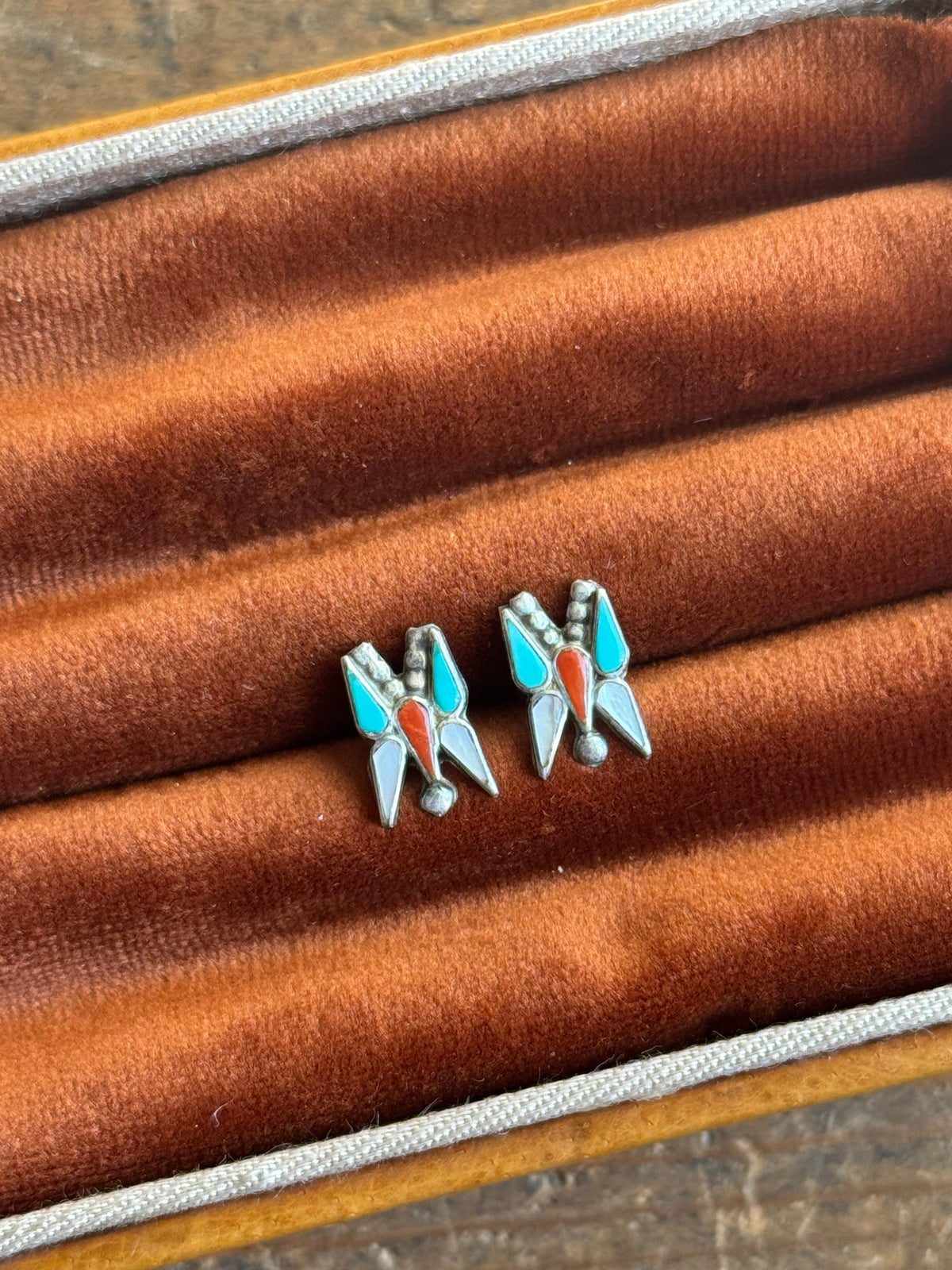 Vintage Sterling Silver Multistone Inlay Butterfly Earrings