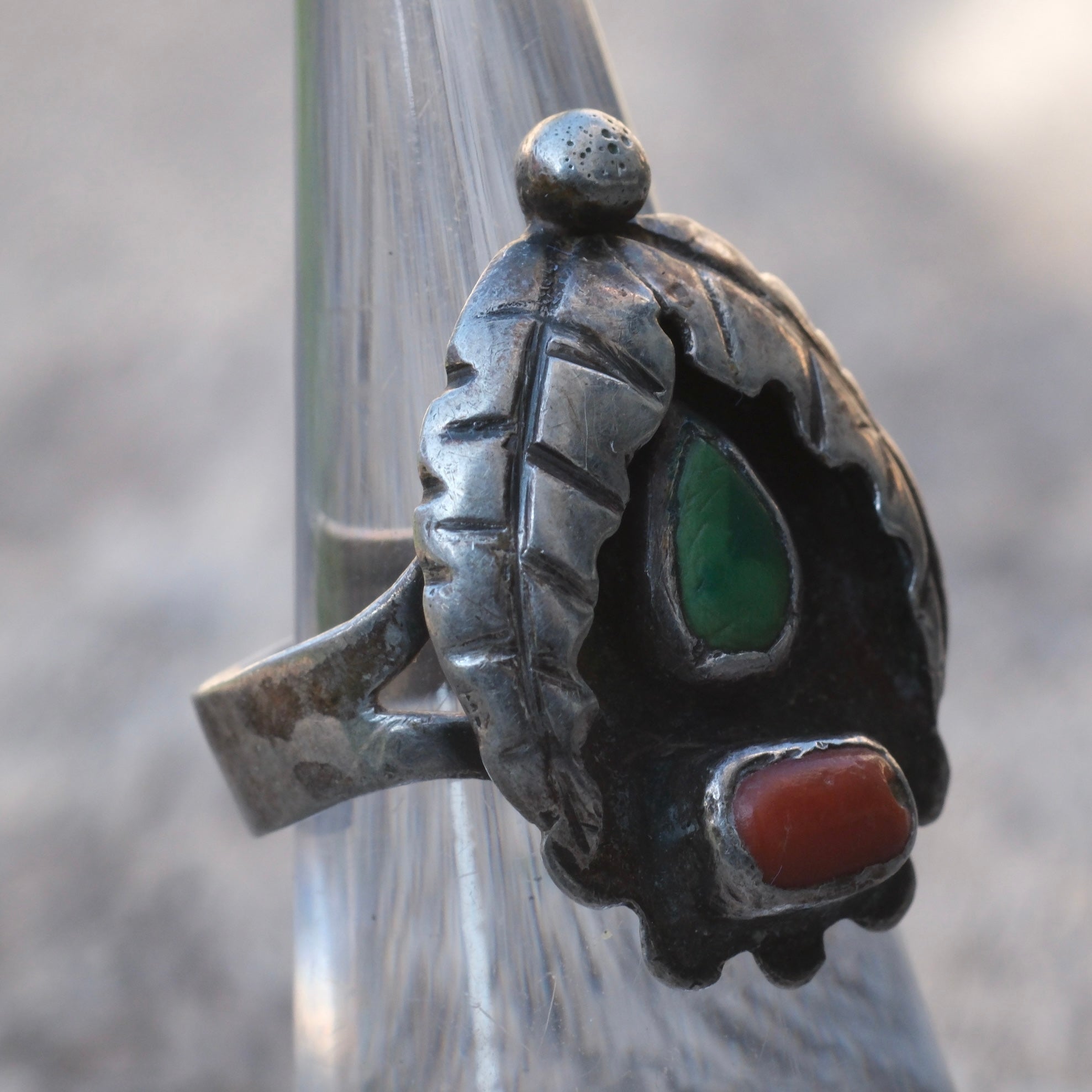 Vintage Sterling Turquoise and Coral Feather Ring 6.5