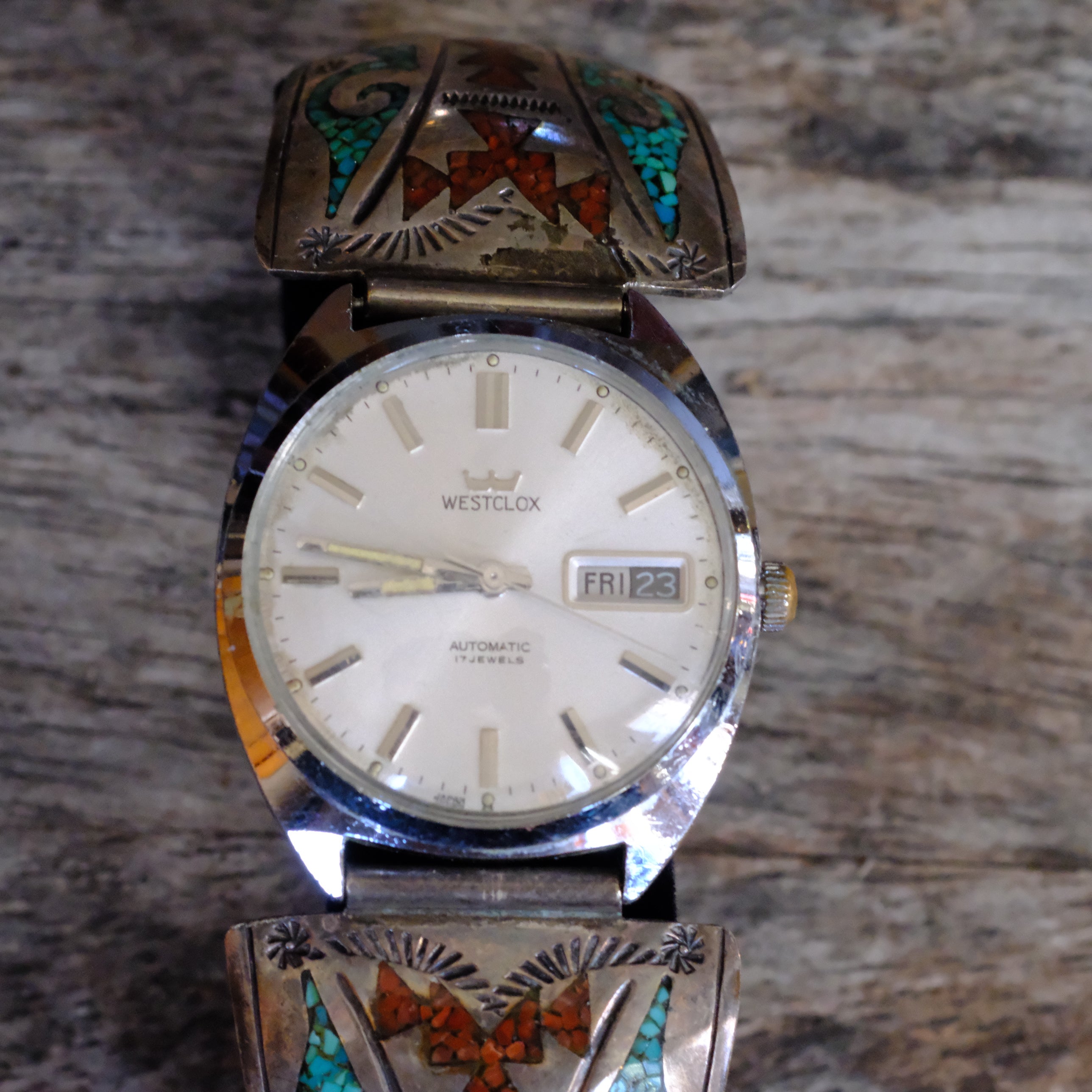 Vintage Sterling Crushed Turquoise and Coral Inlay Ring