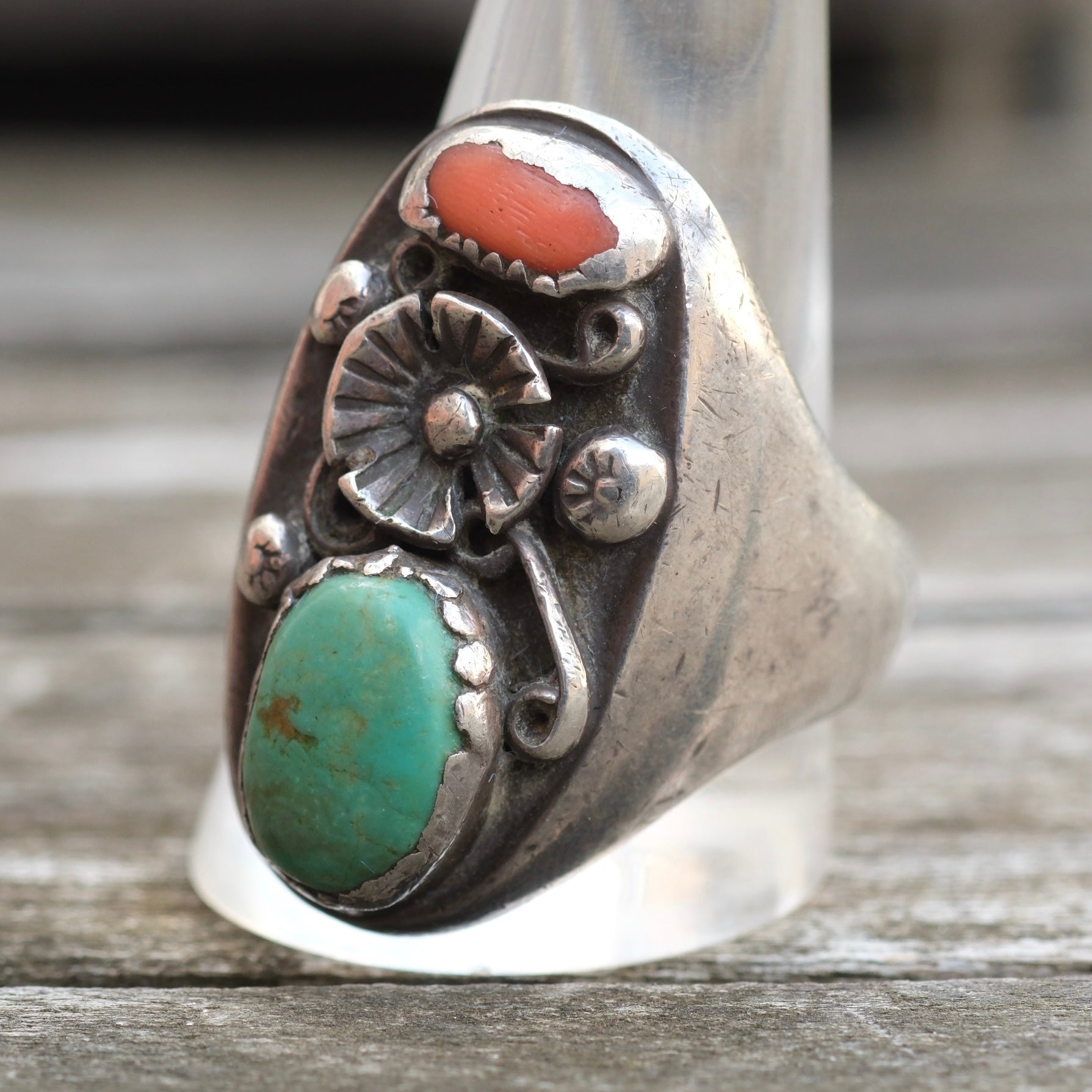 Vintage Sterling Turquoise and Coral Ring 13