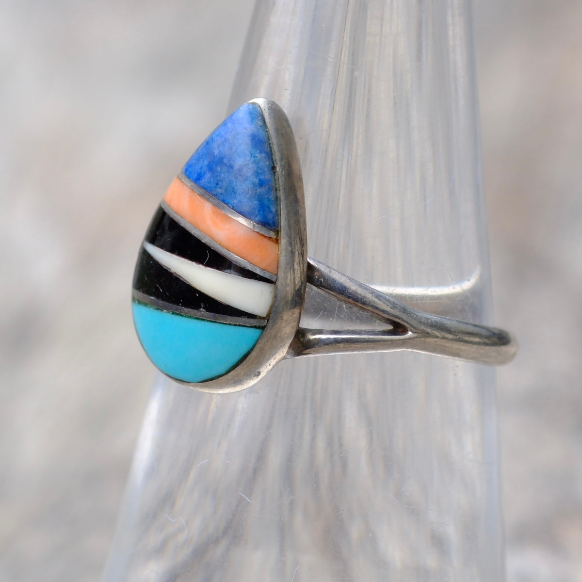 Vintage Sterling Multi Stone Inlay Ring 6.25