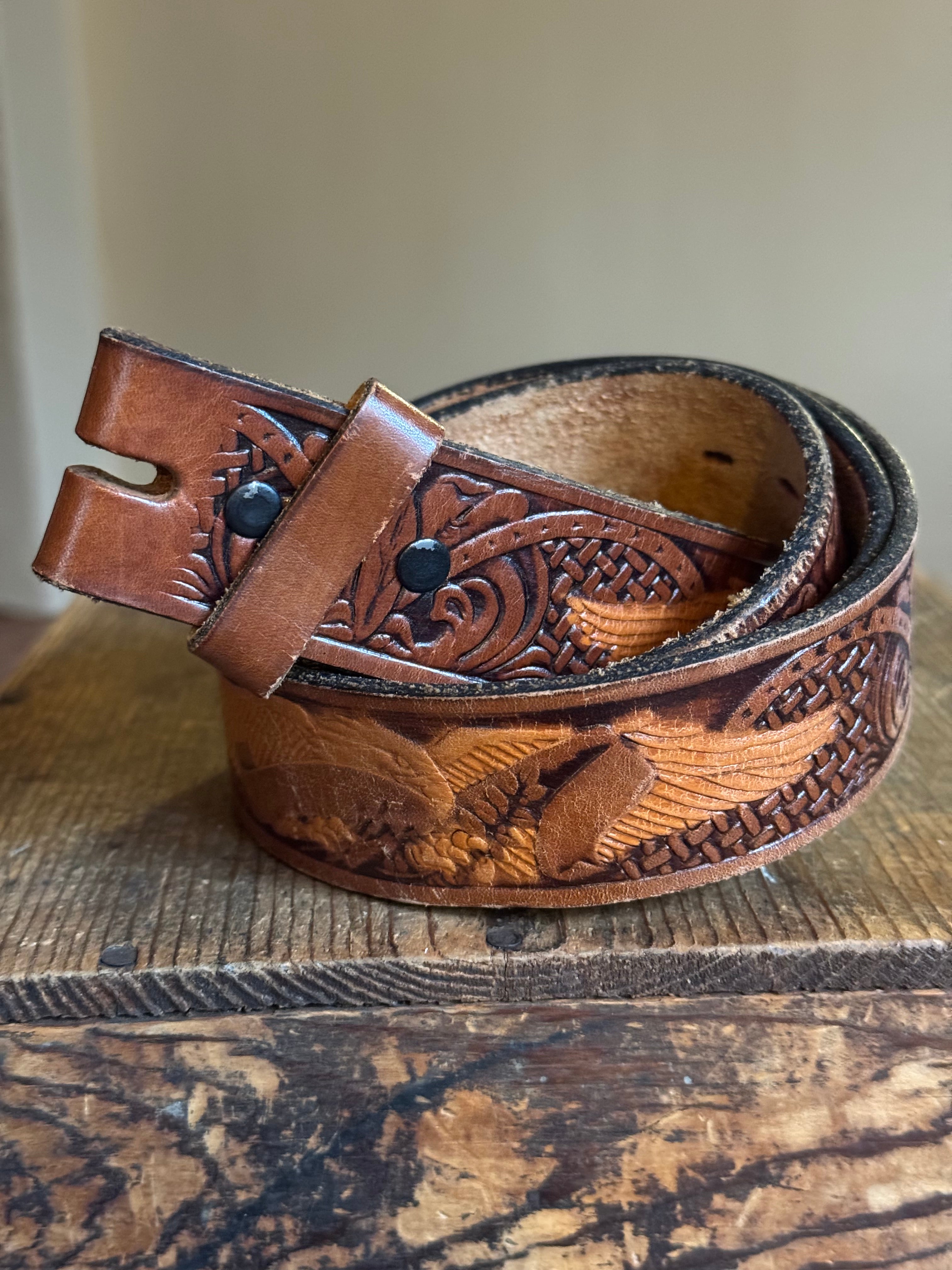 Vintage Eagle Tooled Leather Belt