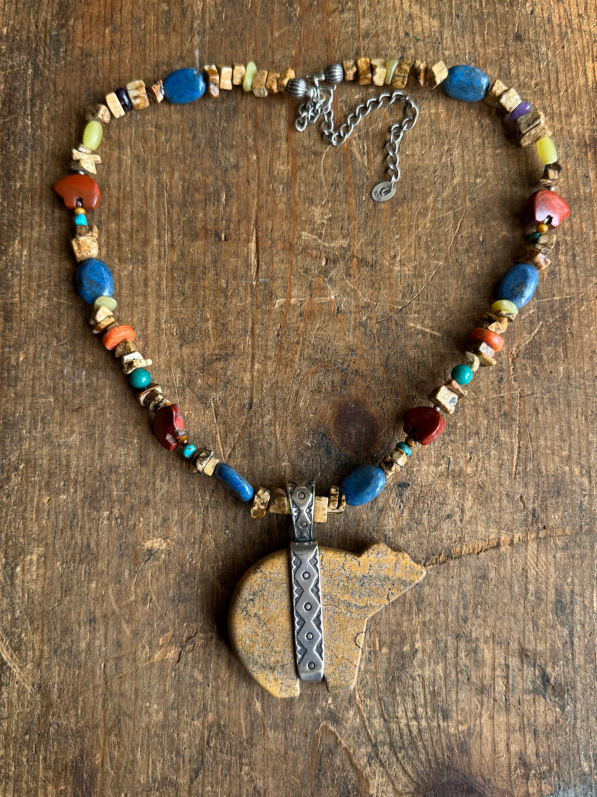 Vintage Mixed Stone Beaded Jasper & Sterling Bear Necklace