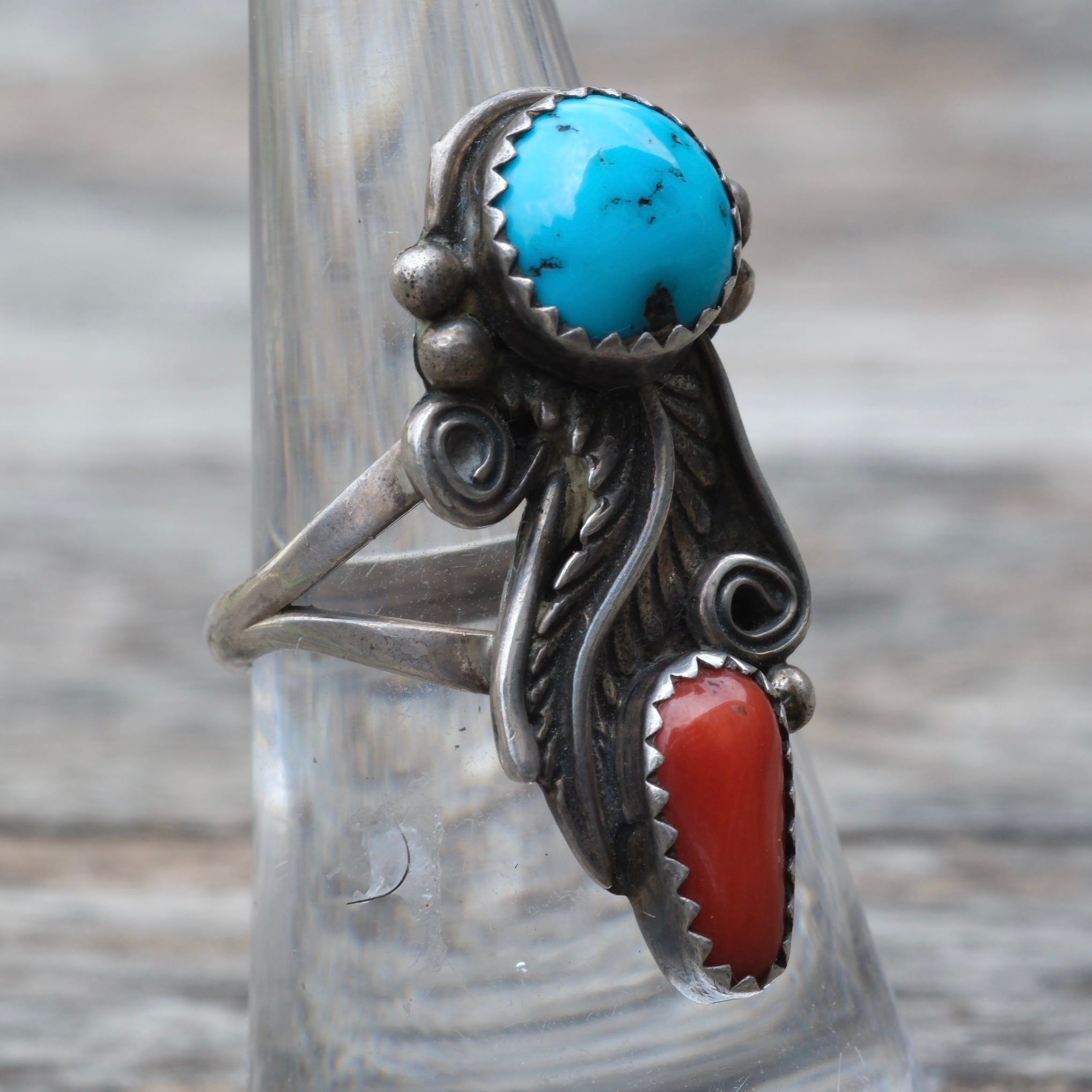 Vintage Sterling Turquoise and Coral Feather Ring 6.75