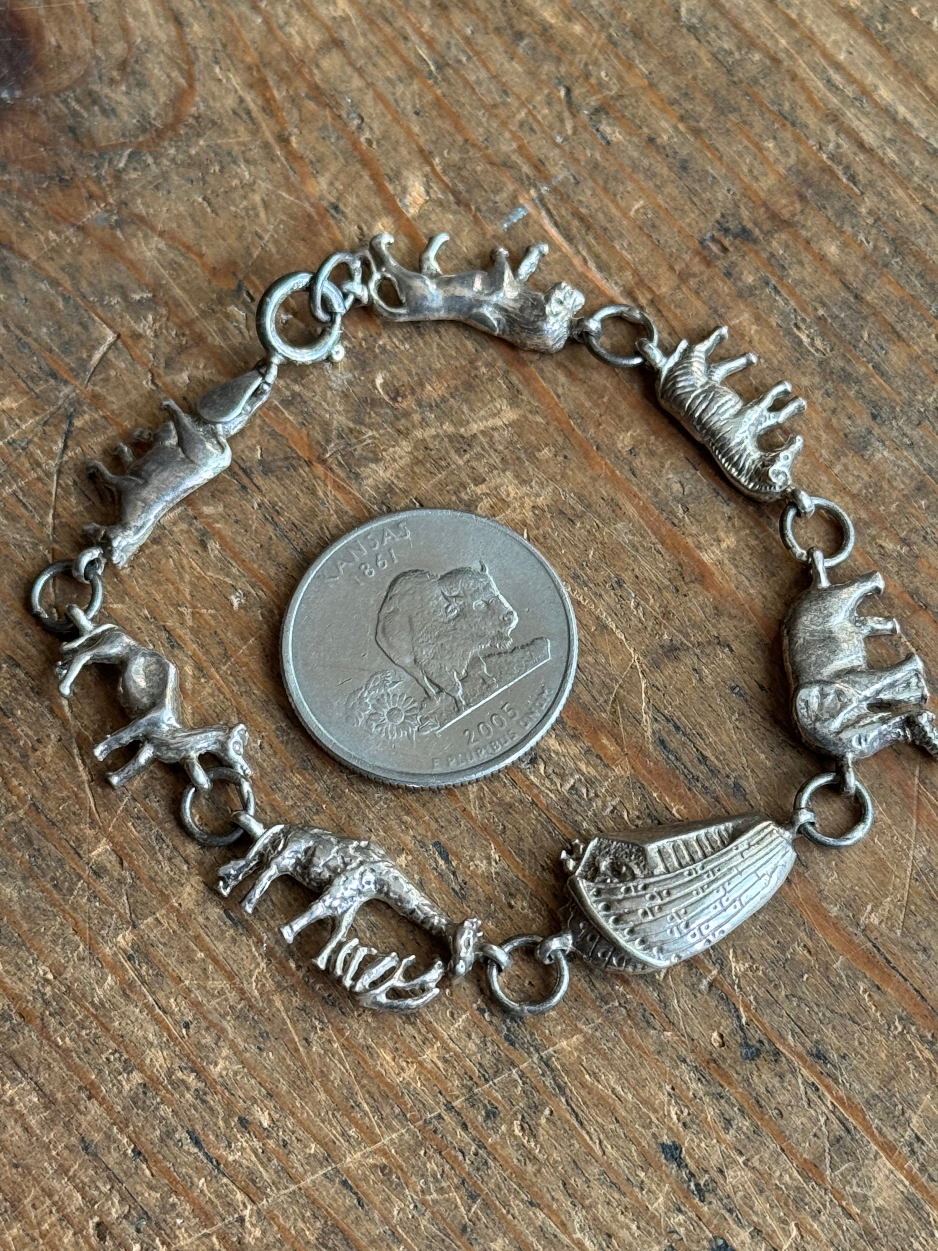 Vintage Sterling Silver 7.5” Noah’s Ark Animal Link Bracelet
