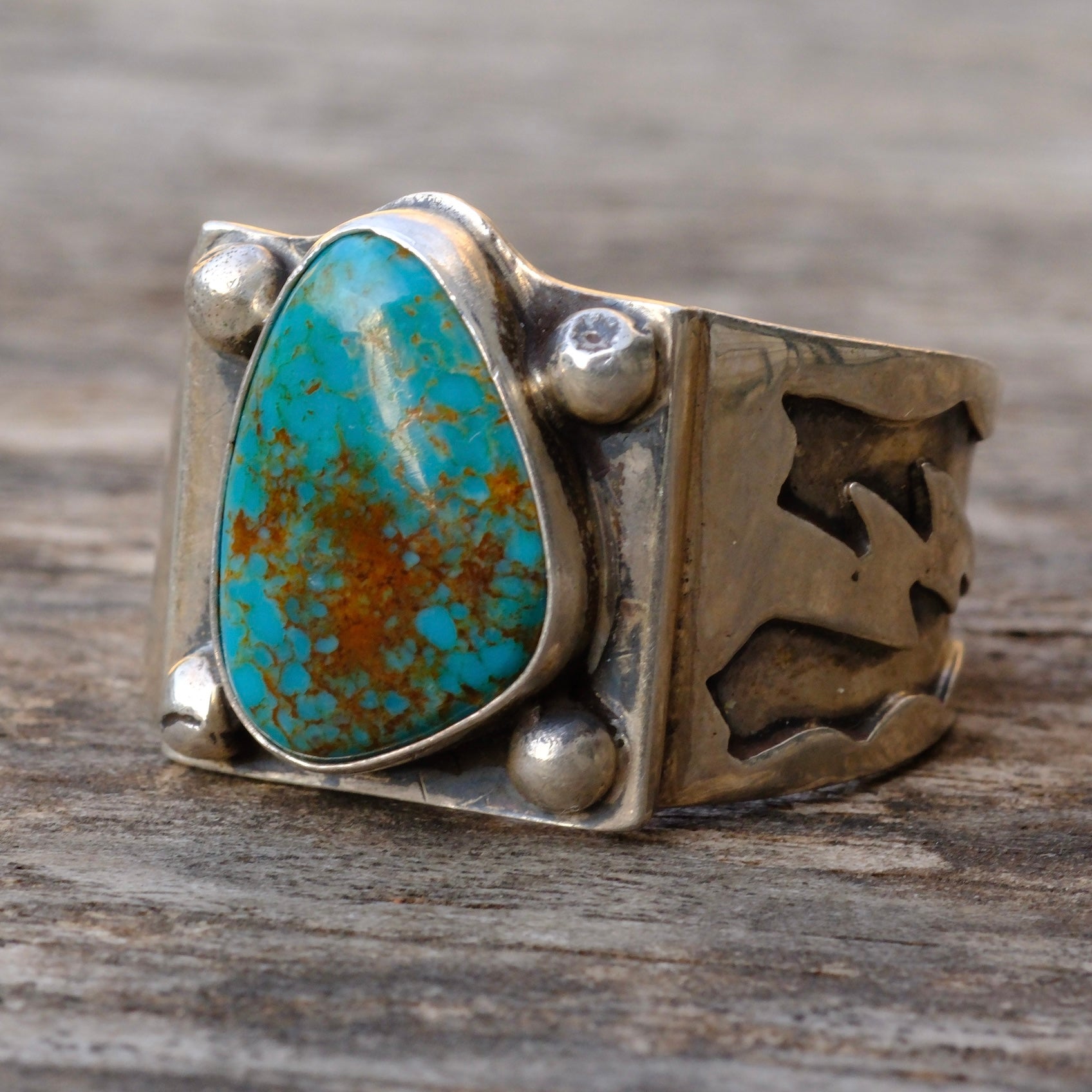 Sterling Silver Stamped Band Turquoise Ring 13.75