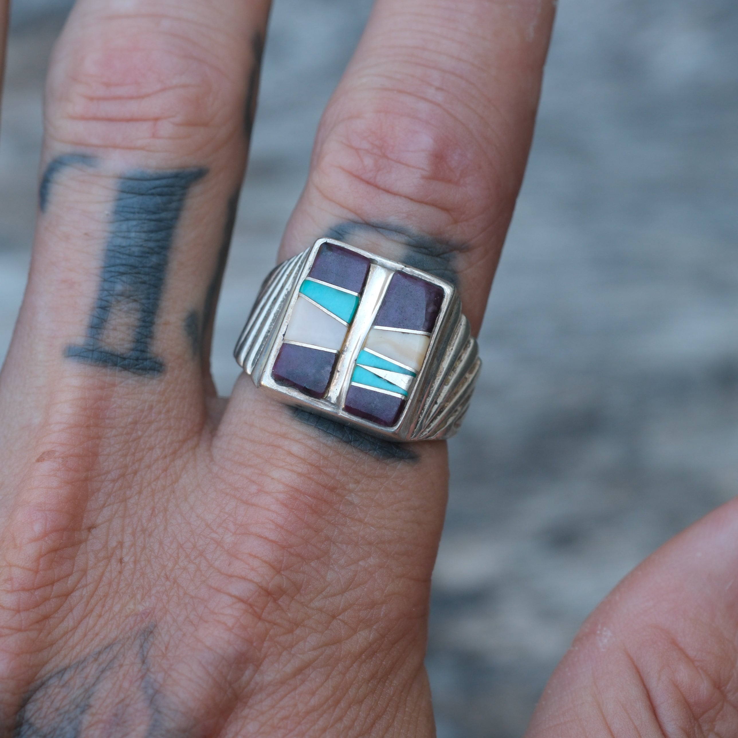 Vintage Sterling Multistone Inlay Ring 9