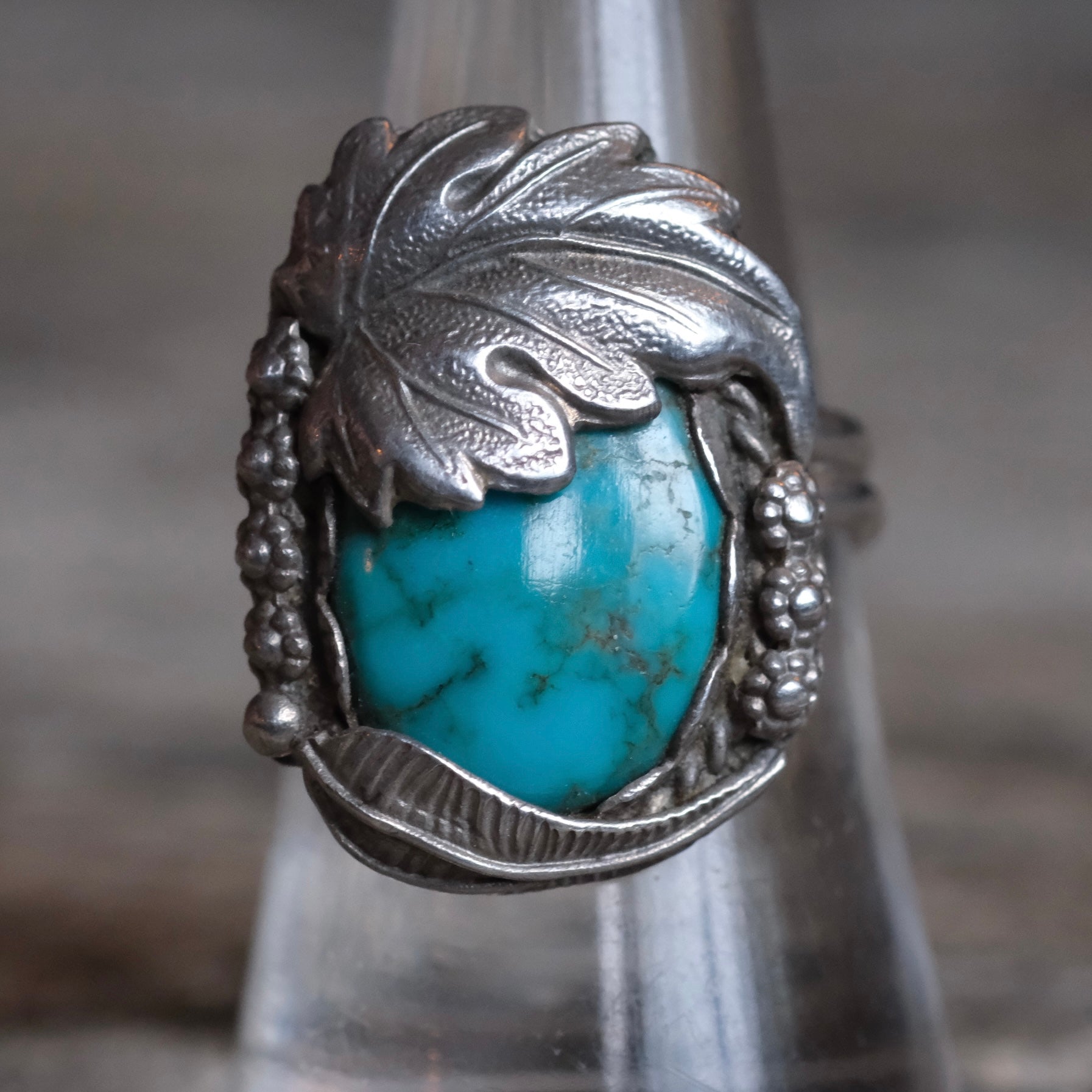 Vintage Sterling Turquoise Leaf and Feather Ring 8