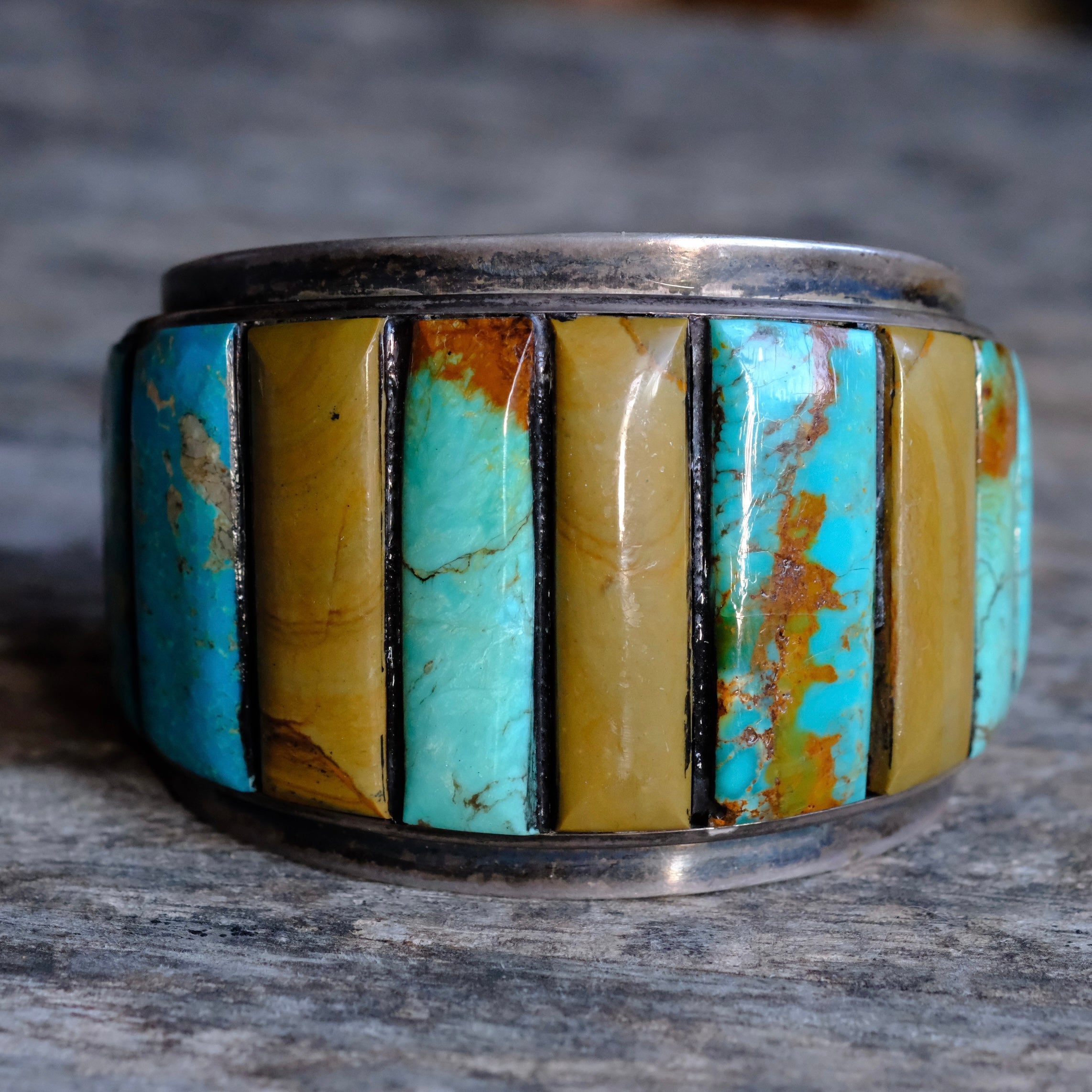 MASSIVE Vintage Sterling Jasper And Turquoise Inlay Cuff Bracelet