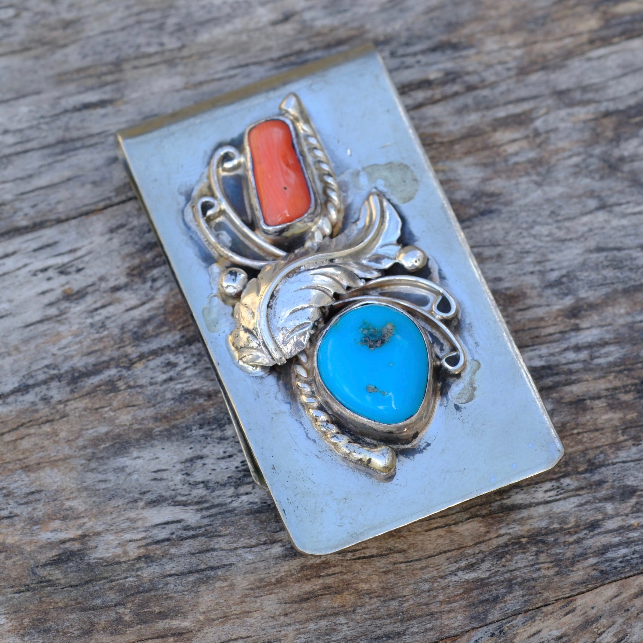 Vintage Turquoise and Coral Feather Money Clip